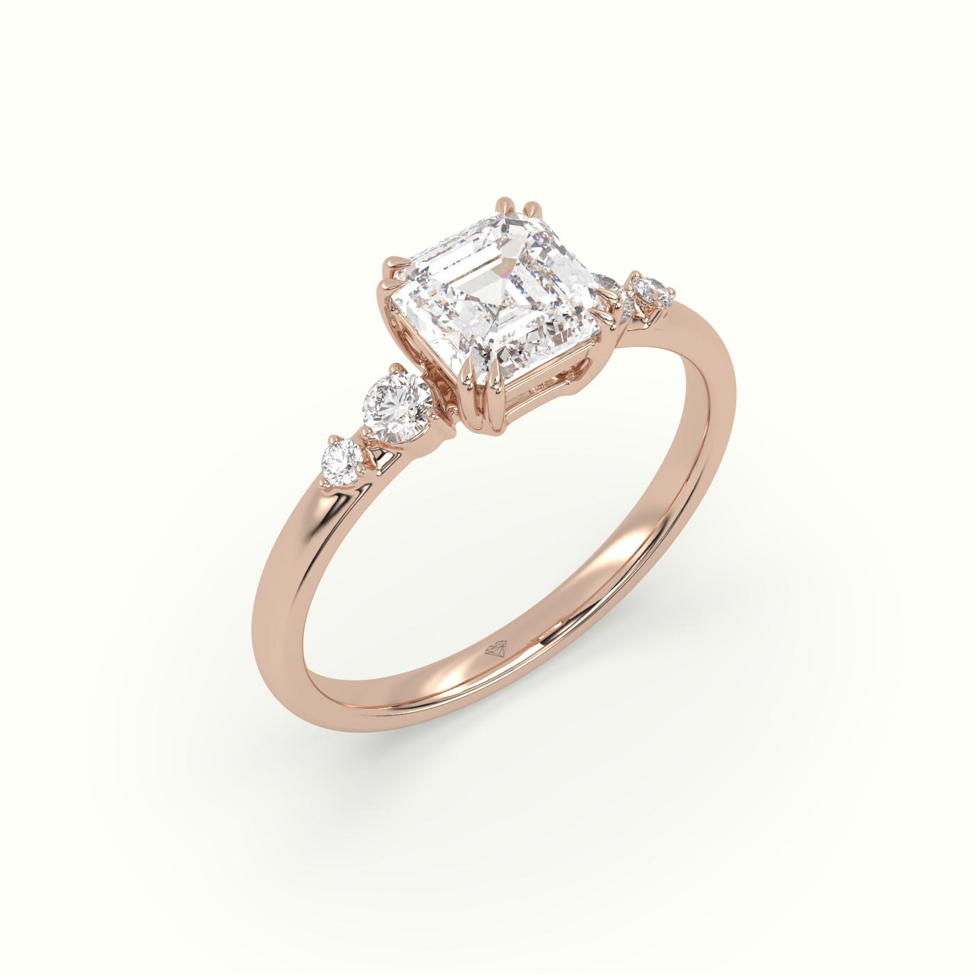 10K Rose Gold Asscher Diamond Solitaire Side Stone Engagement Ring