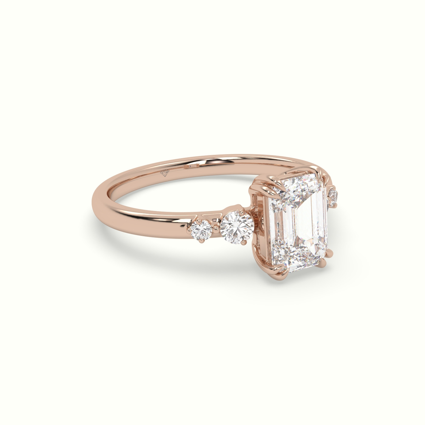 18K Rose Gold Emerald Diamond Solitaire Side Stone Engagement Ring