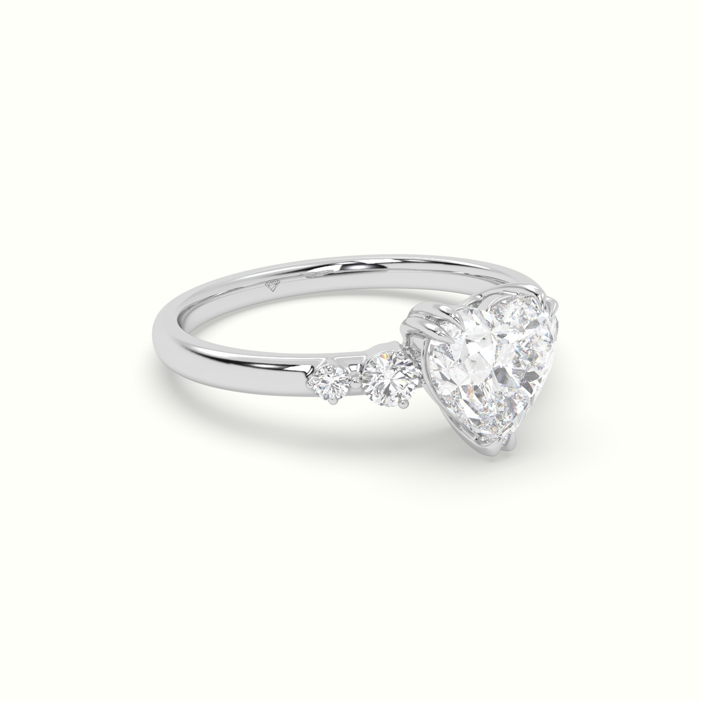 18K White Gold Heart Diamond Solitaire Side Stone Engagement Ring