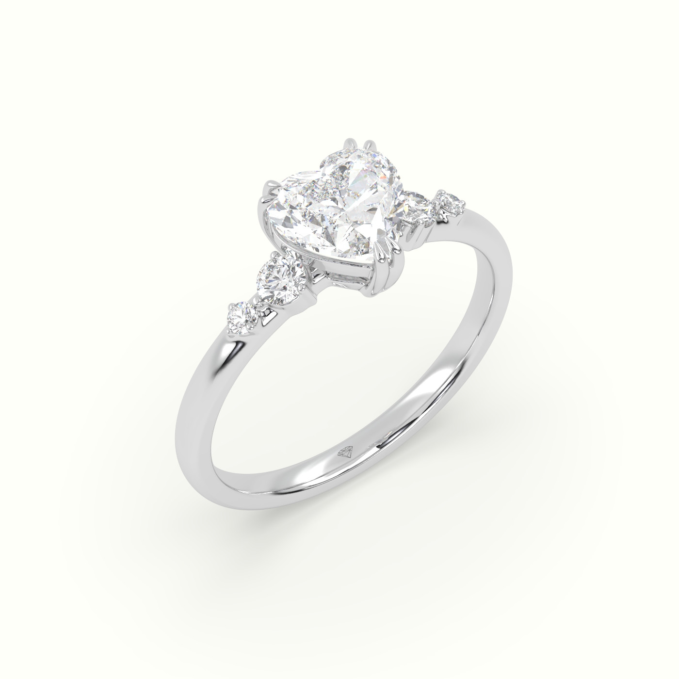 18K White Gold Heart Diamond Solitaire Side Stone Engagement Ring