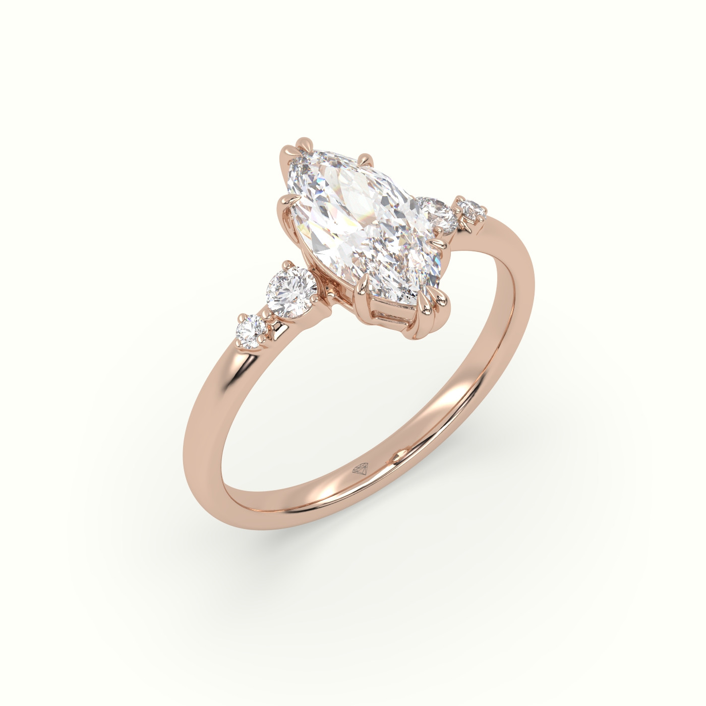 10K Rose Gold Marquise Diamond Solitaire Side Stone Engagement Ring