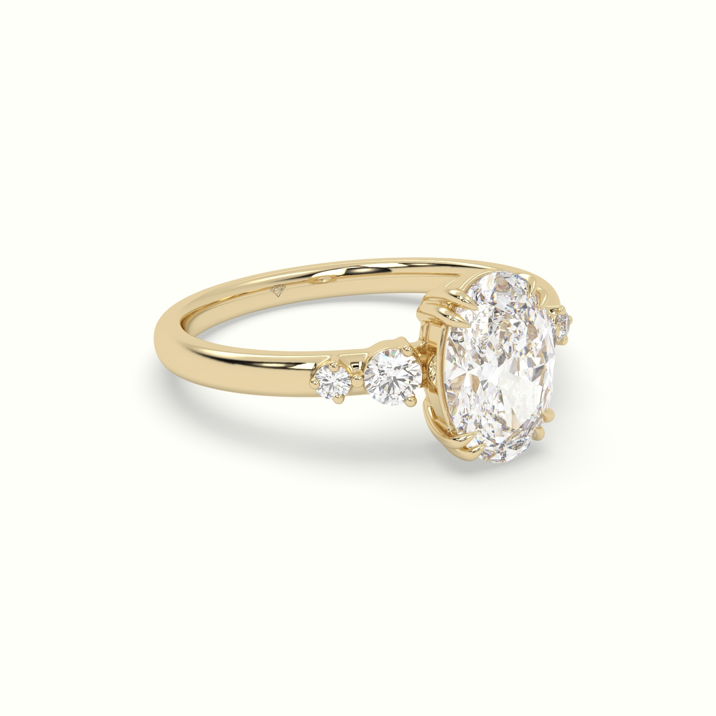 18K Yellow Gold Oval Diamond Solitaire Side Stone Engagement Ring