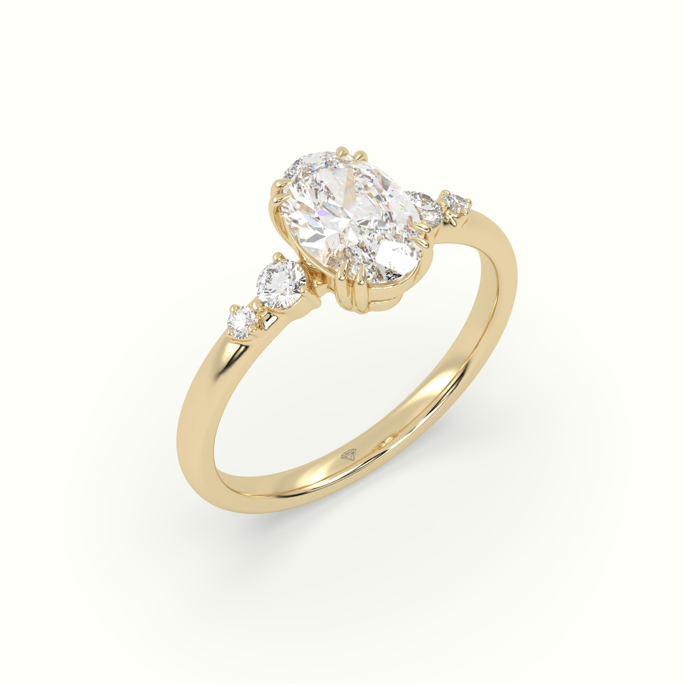 18K Yellow Gold Oval Diamond Solitaire Side Stone Engagement Ring
