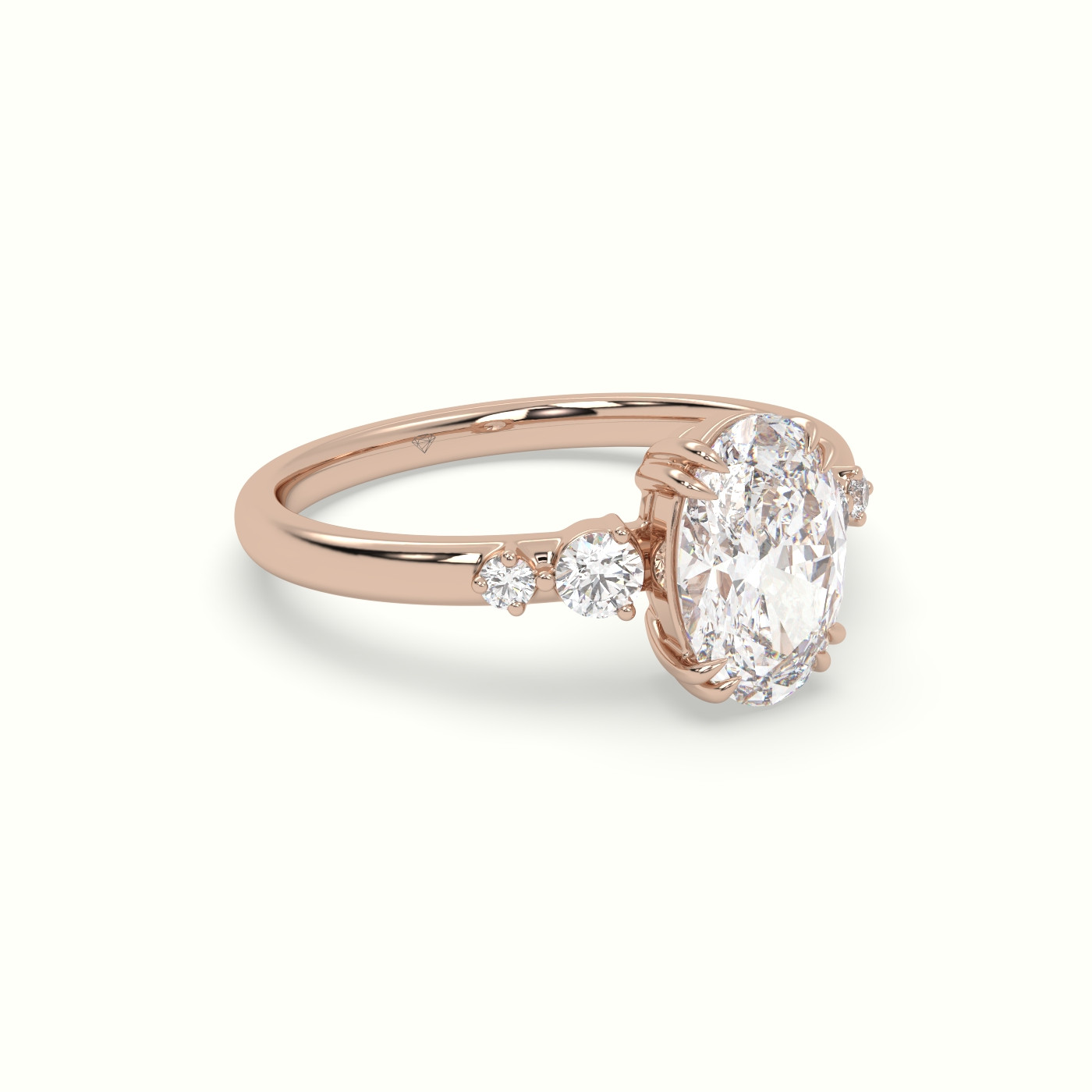 10K Rose Gold Oval Diamond Solitaire Side Stone Engagement Ring