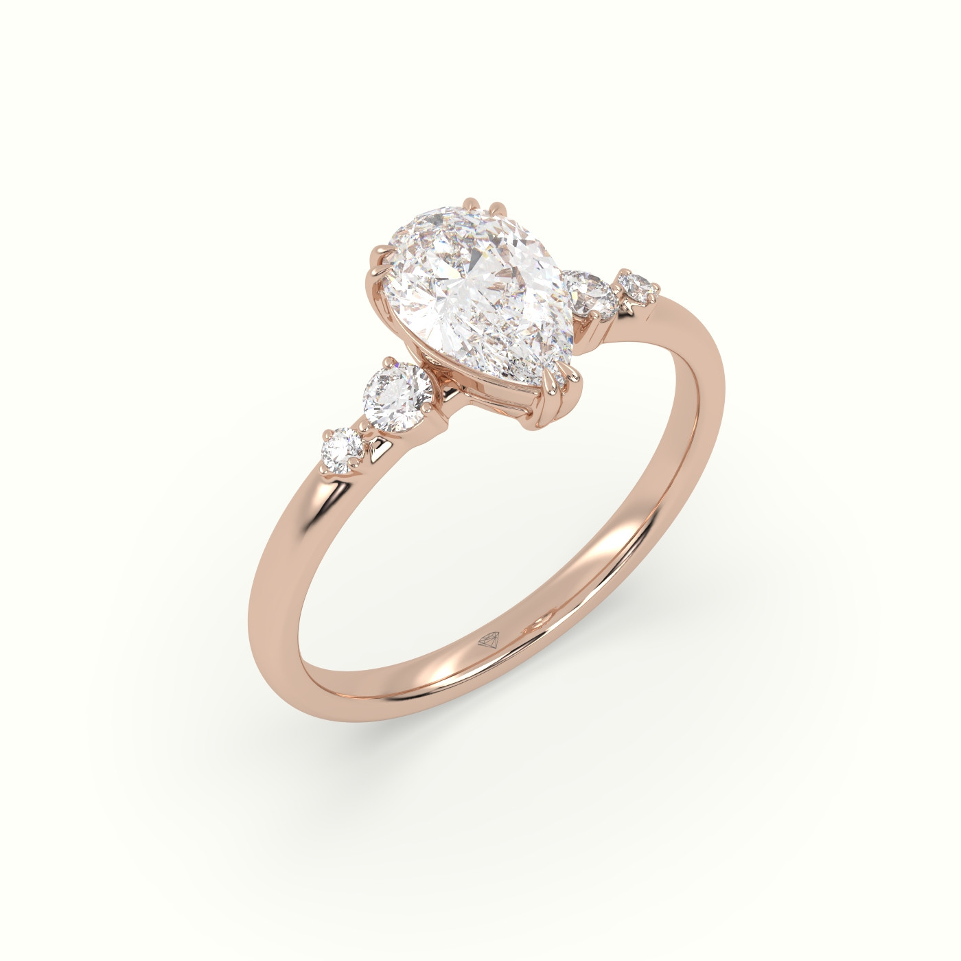 18K Rose Gold Pear Diamond Solitaire Side Stone Engagement Ring