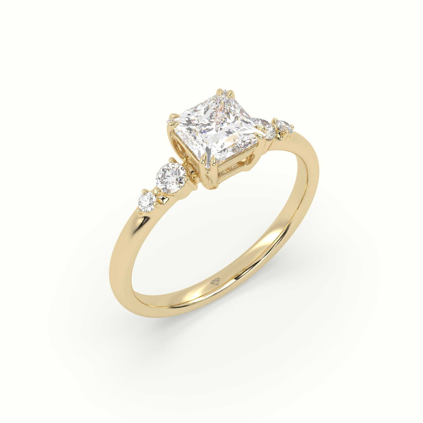 18K Yellow Gold Princess Diamond Solitaire Side Stone Engagement Ring