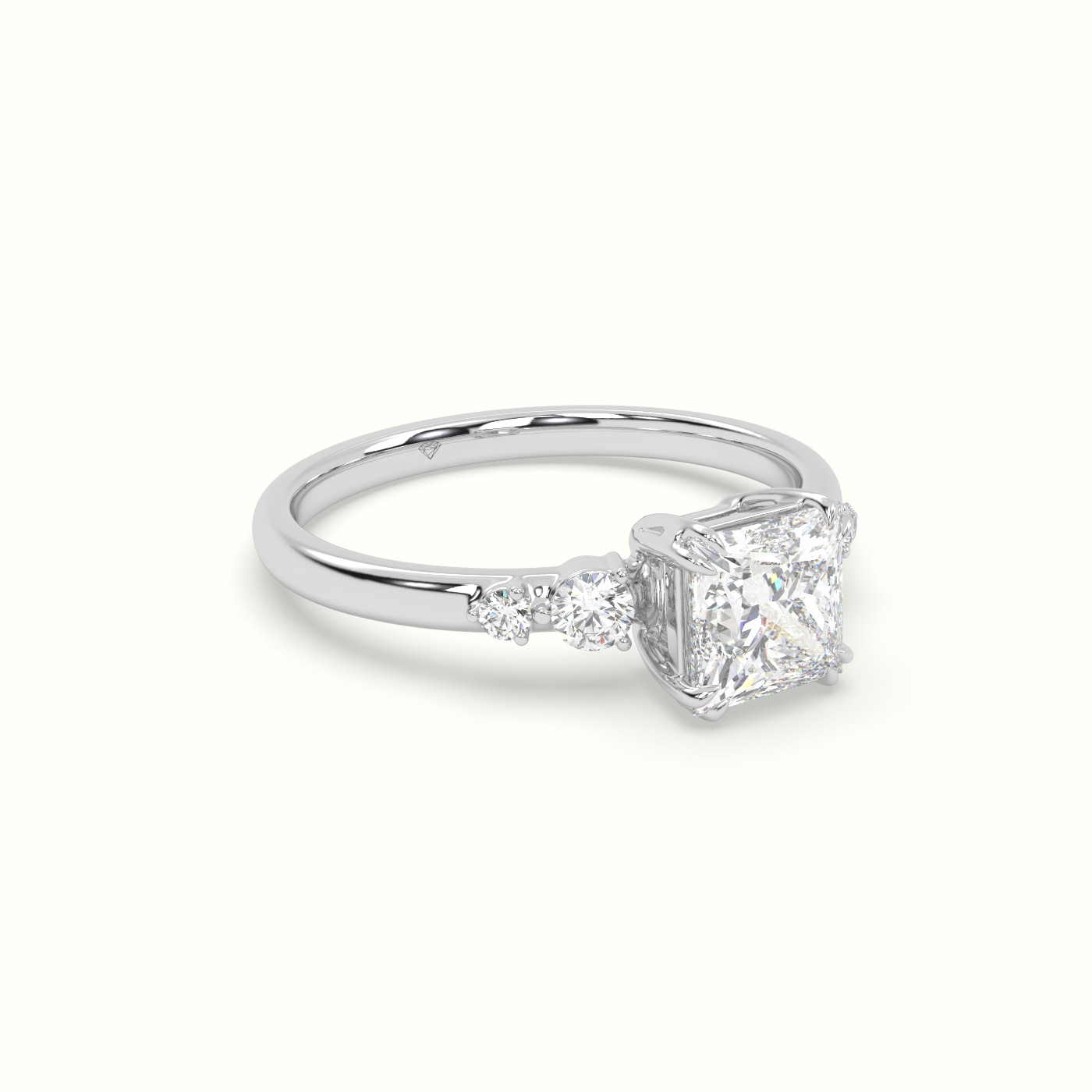 10K White Gold Princess Diamond Solitaire Side Stone Engagement Ring