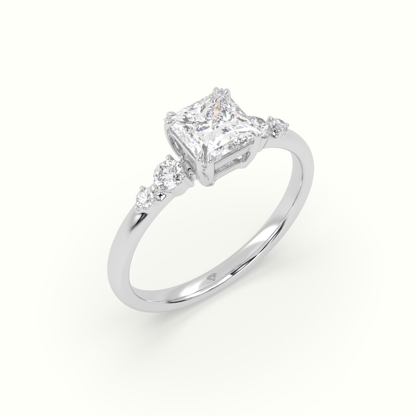 10K White Gold Princess Diamond Solitaire Side Stone Engagement Ring