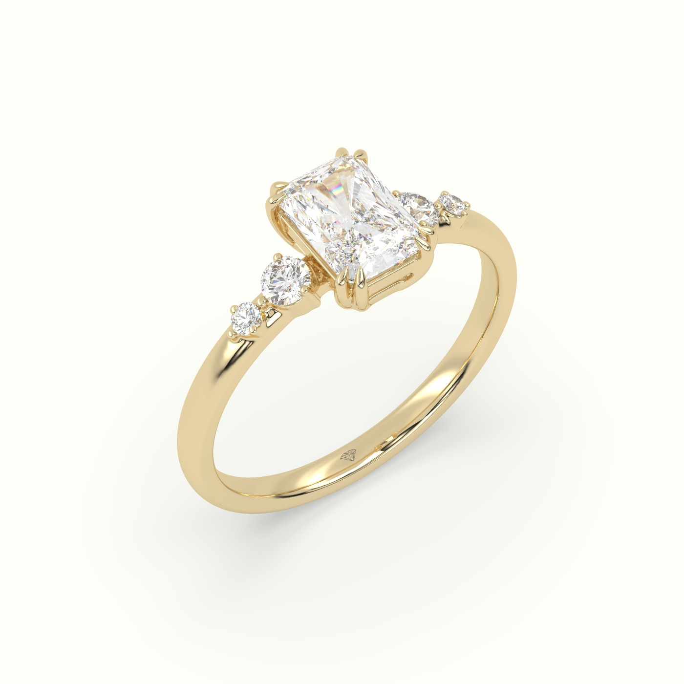 18K Yellow Gold Radiant Diamond Solitaire Side Stone Engagement Ring