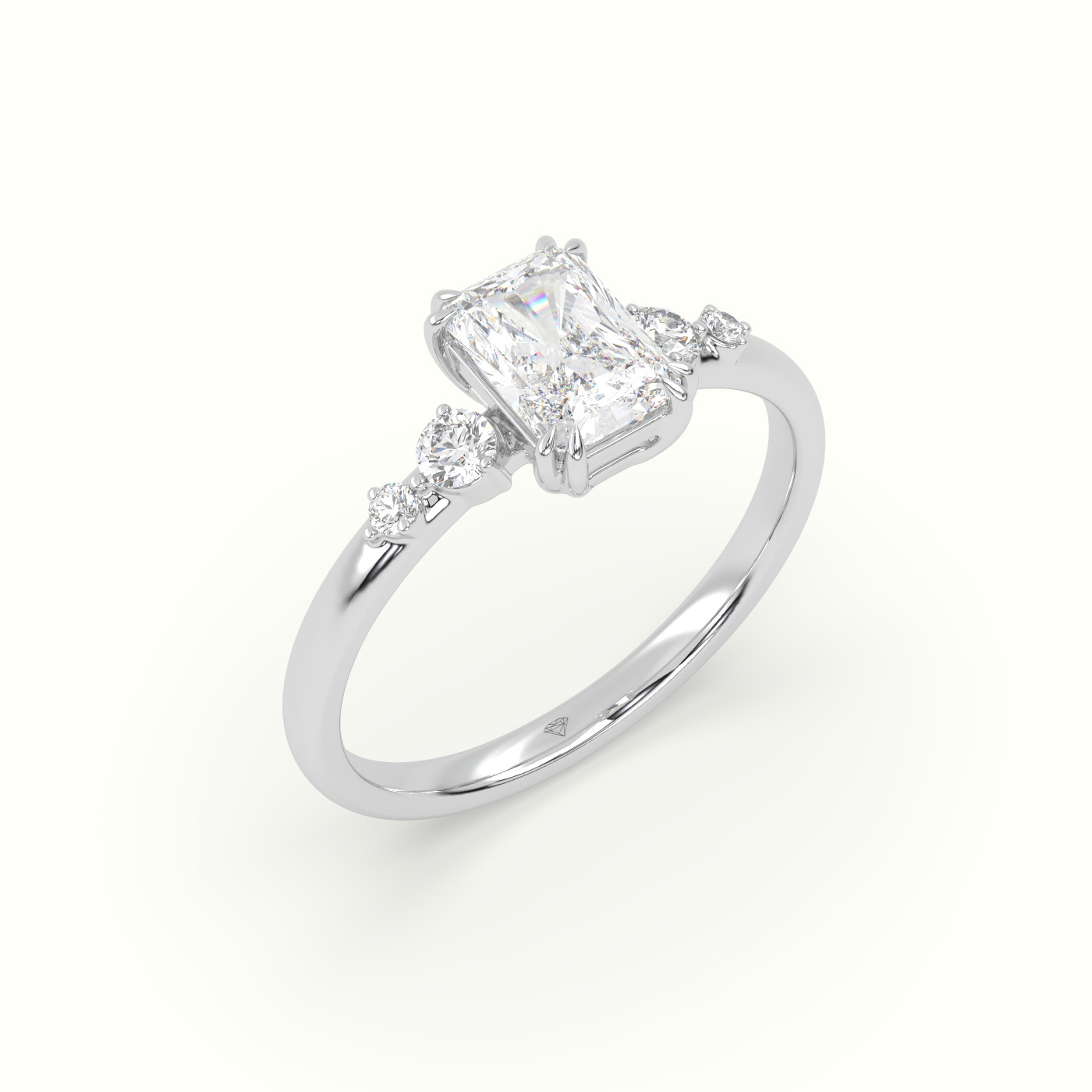 10K White Gold Radiant Diamond Solitaire Side Stone Engagement Ring