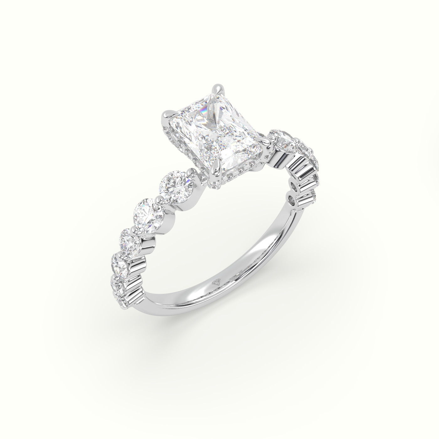 18K White Gold Radiant Diamond Side Stone Engagement Ring