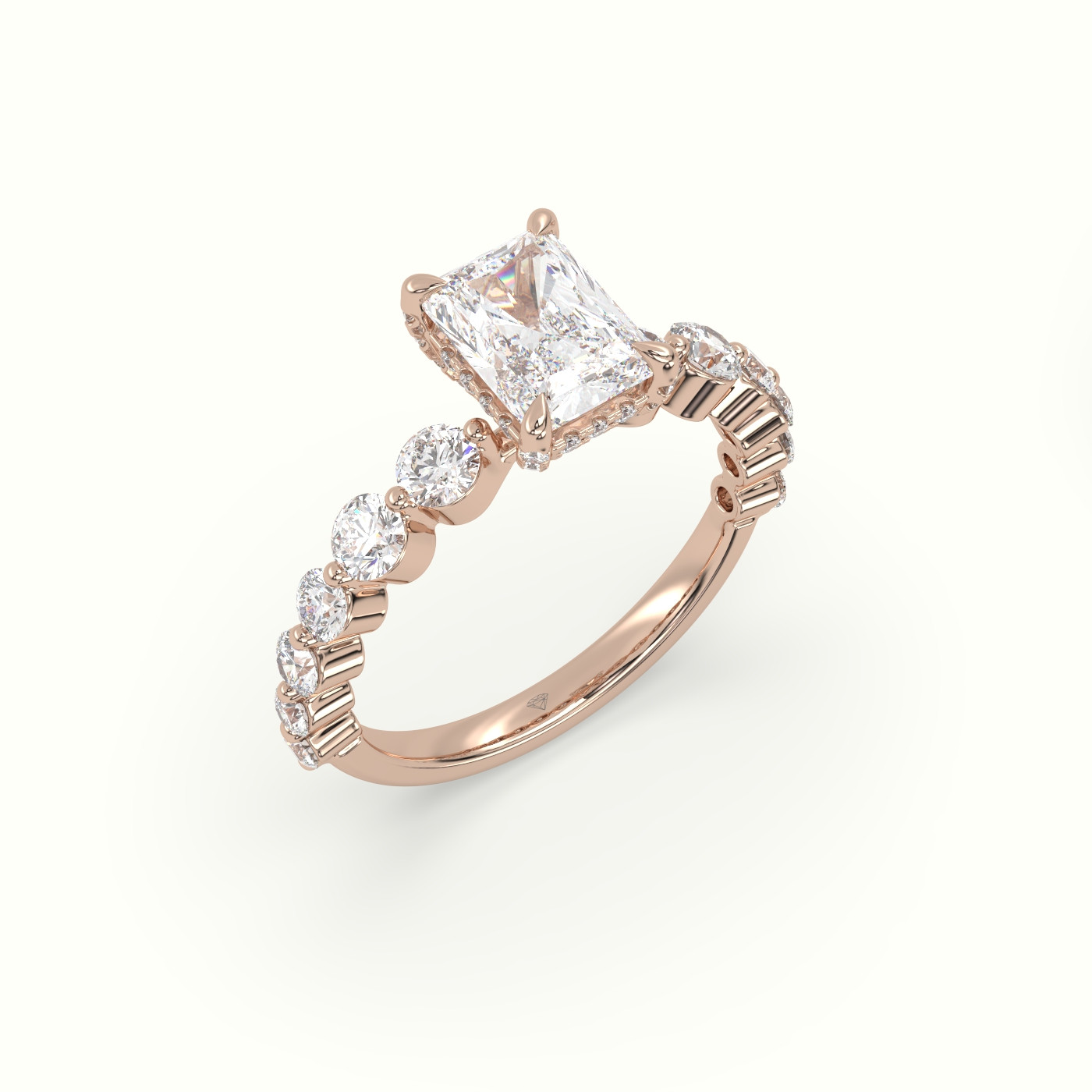 18K Rose Gold Radiant Diamond Side Stone Engagement Ring