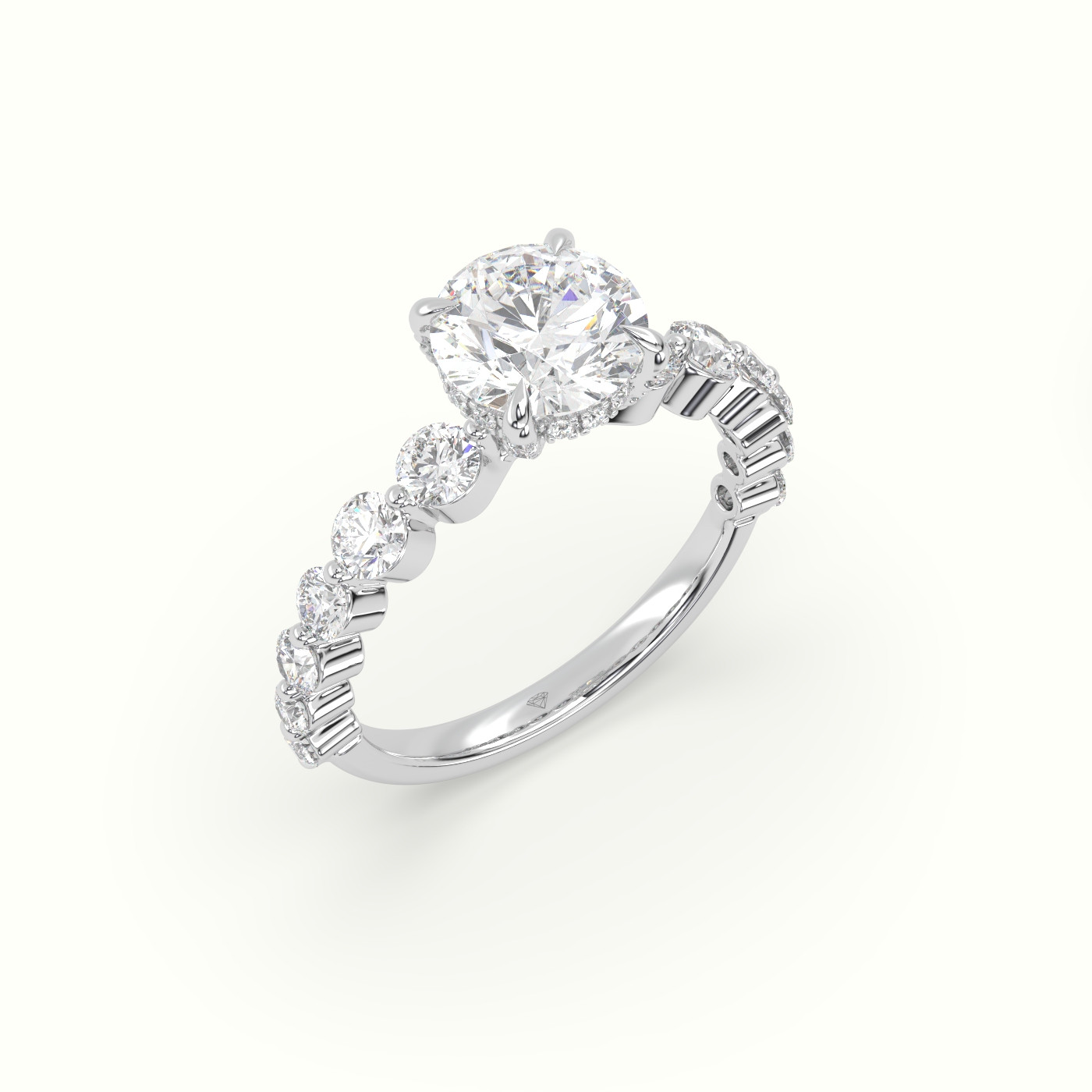 18K White Gold Round Diamond Side Stone Engagement Ring