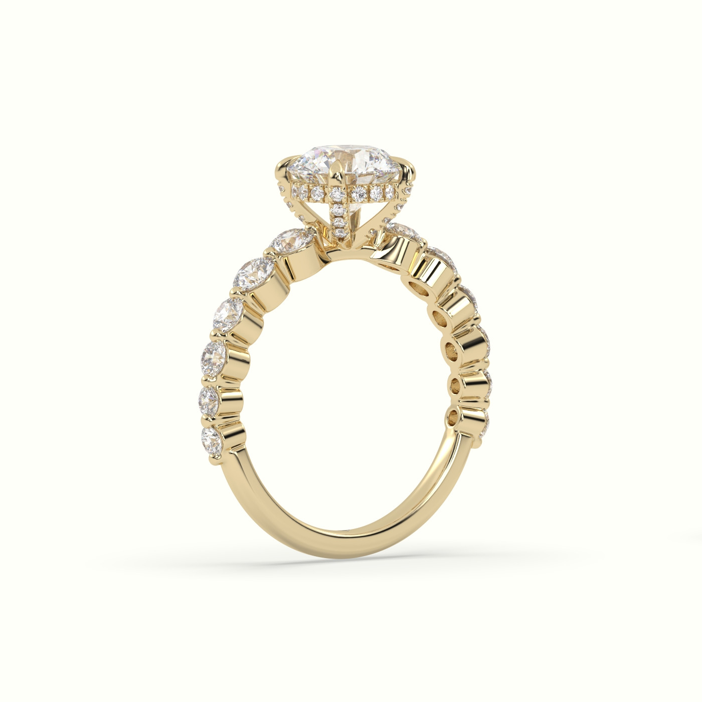18K Yellow Gold Round Diamond Side Stone Engagement Ring