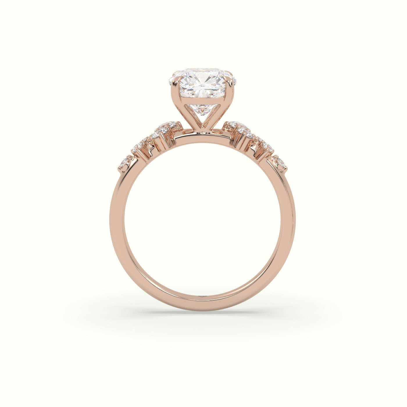 18K Rose Gold Cushion Diamond Side Stone Engagement Ring