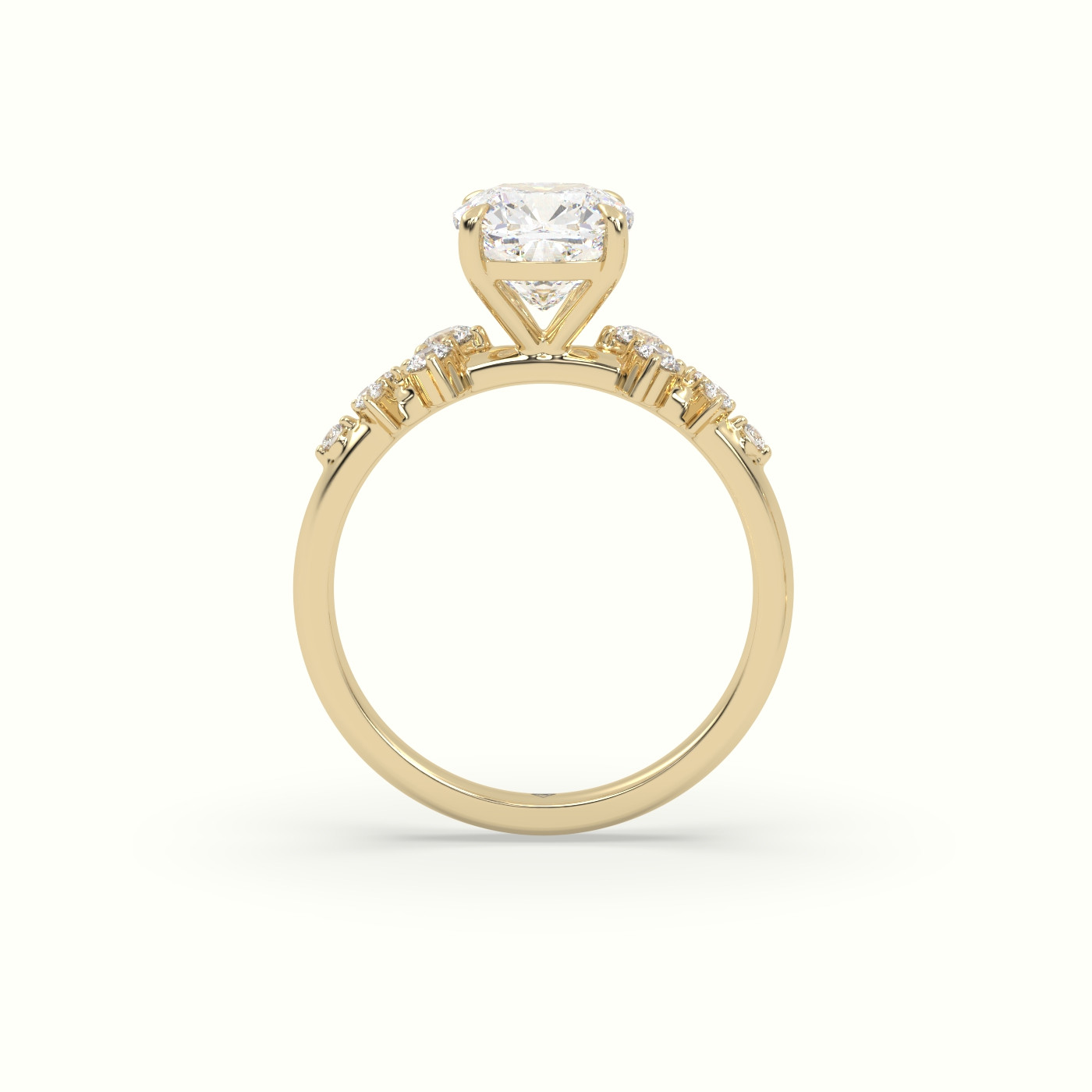 18K Yellow Gold Cushion Diamond Side Stone Engagement Ring