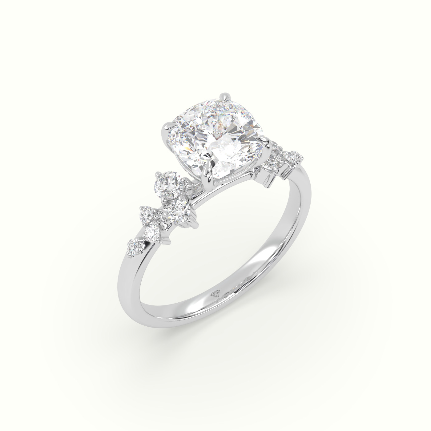 10K White Gold Cushion Diamond Side Stone Engagement Ring