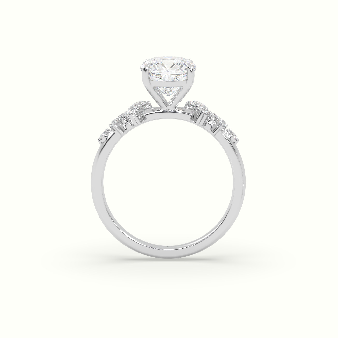 10K White Gold Cushion Diamond Side Stone Engagement Ring