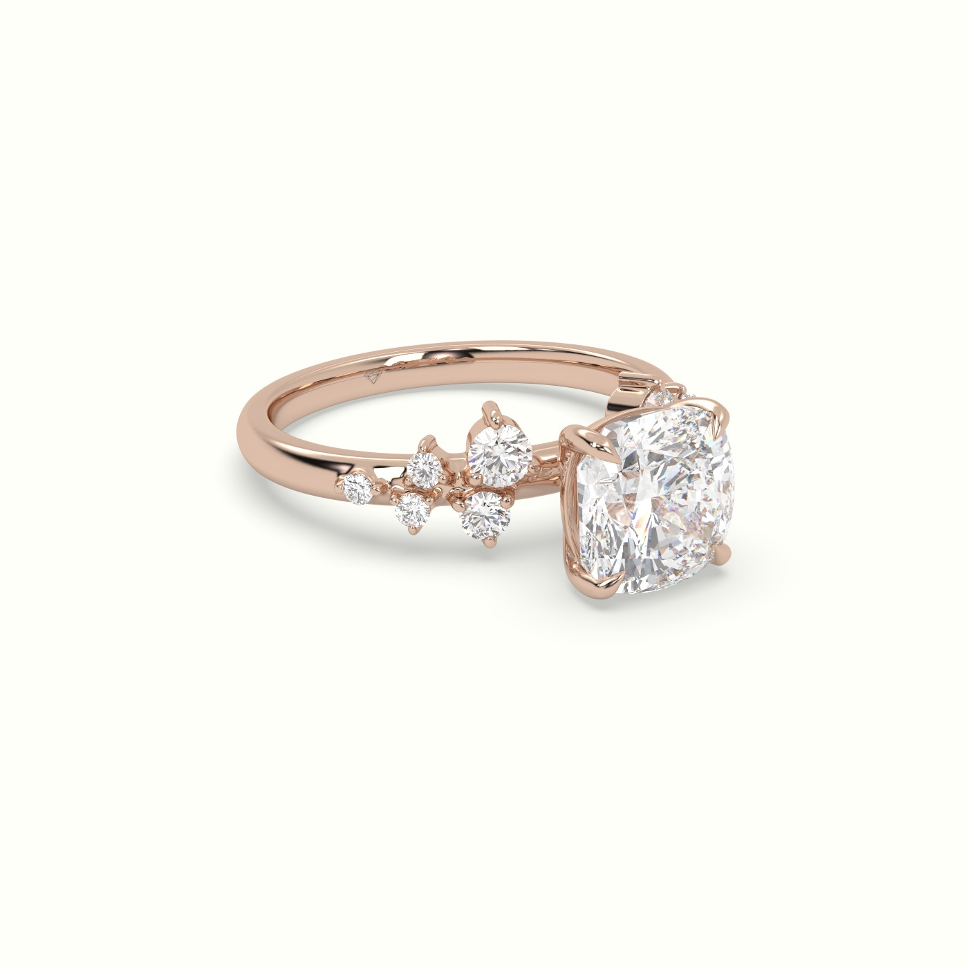 10K Rose Gold Cushion Diamond Side Stone Engagement Ring
