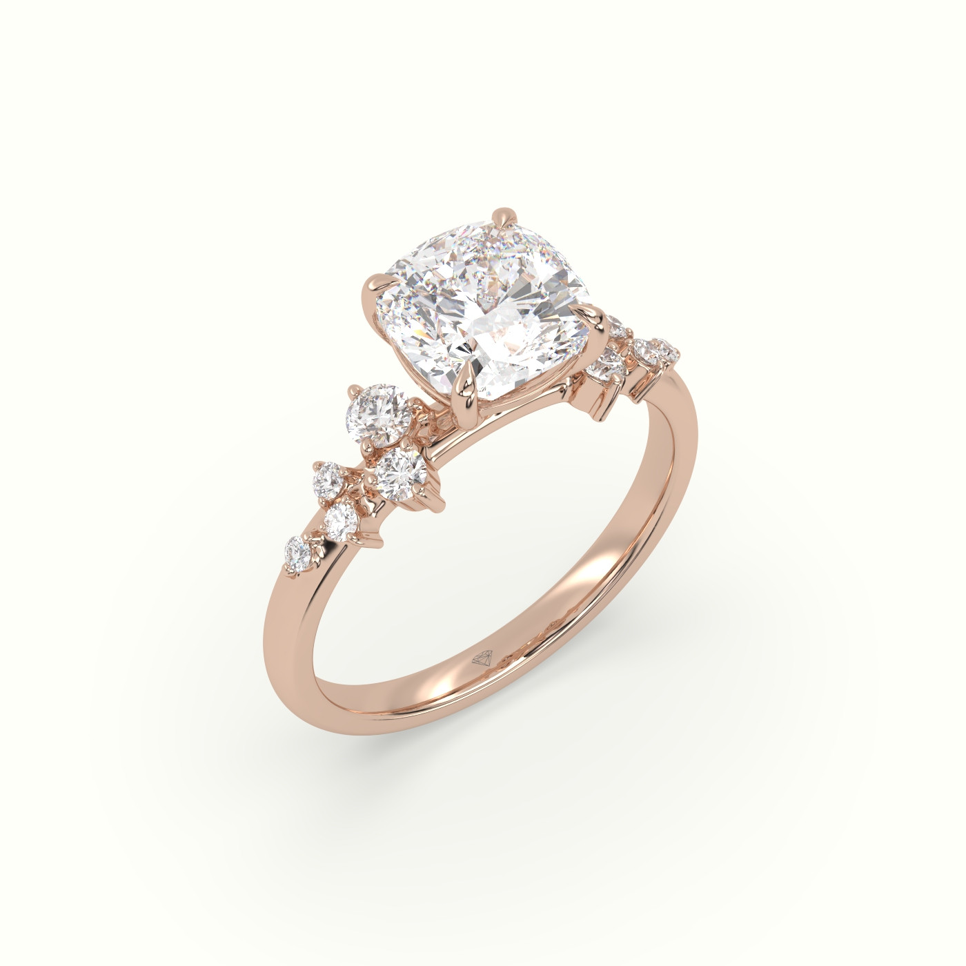 10K Rose Gold Cushion Diamond Side Stone Engagement Ring