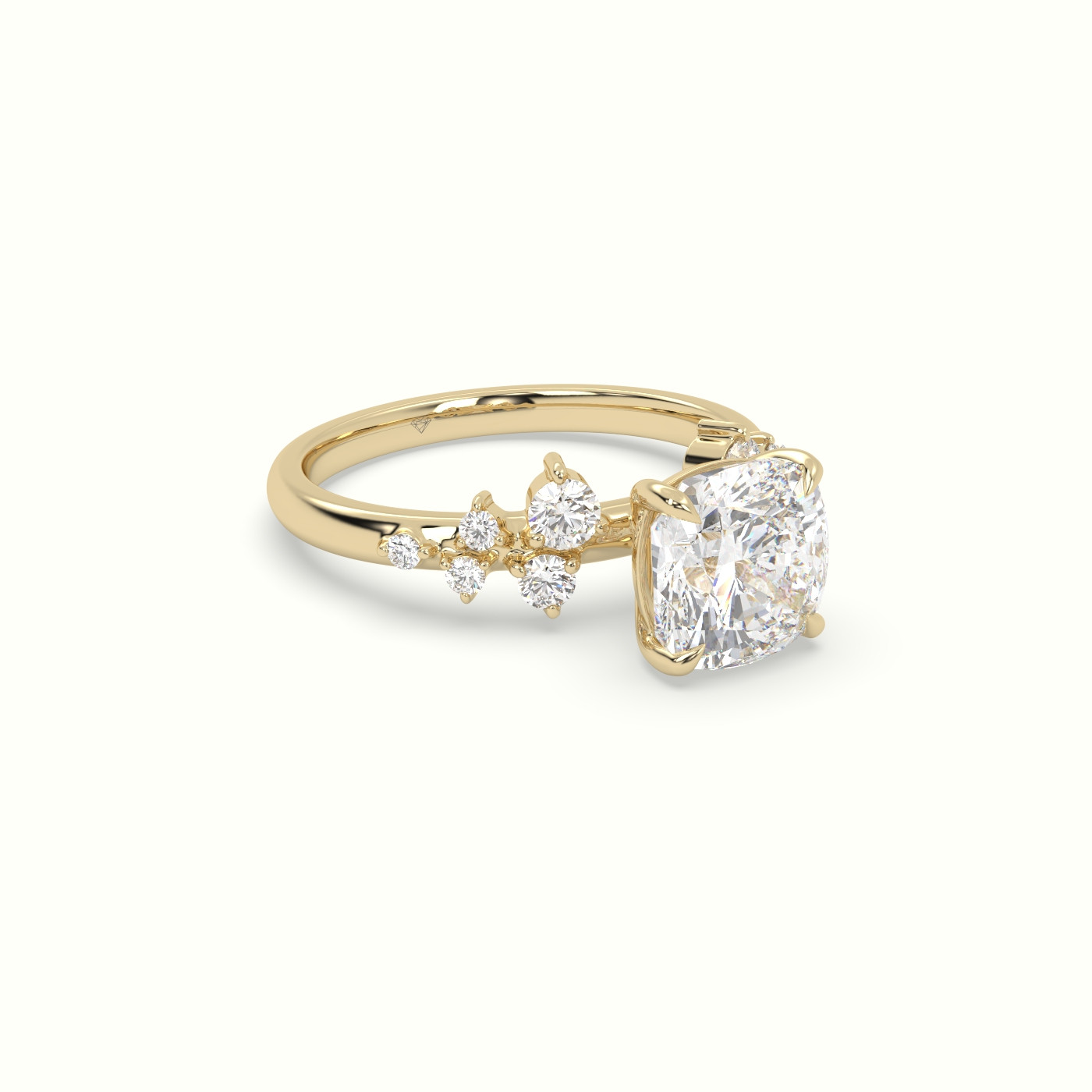 10K Yellow Gold Cushion Diamond Side Stone Engagement Ring