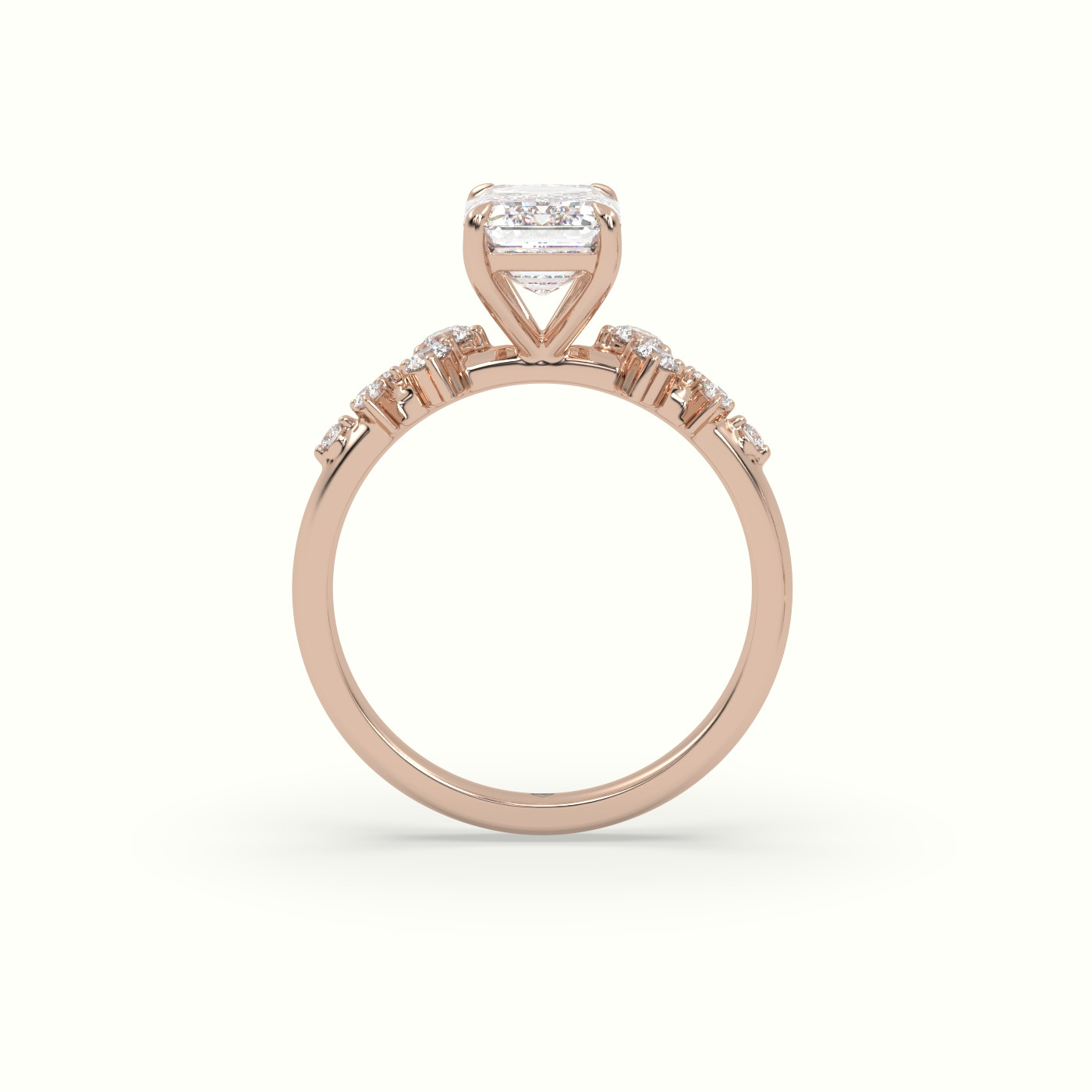 18K Rose Gold Emerald Diamond Side Stone Engagement Ring