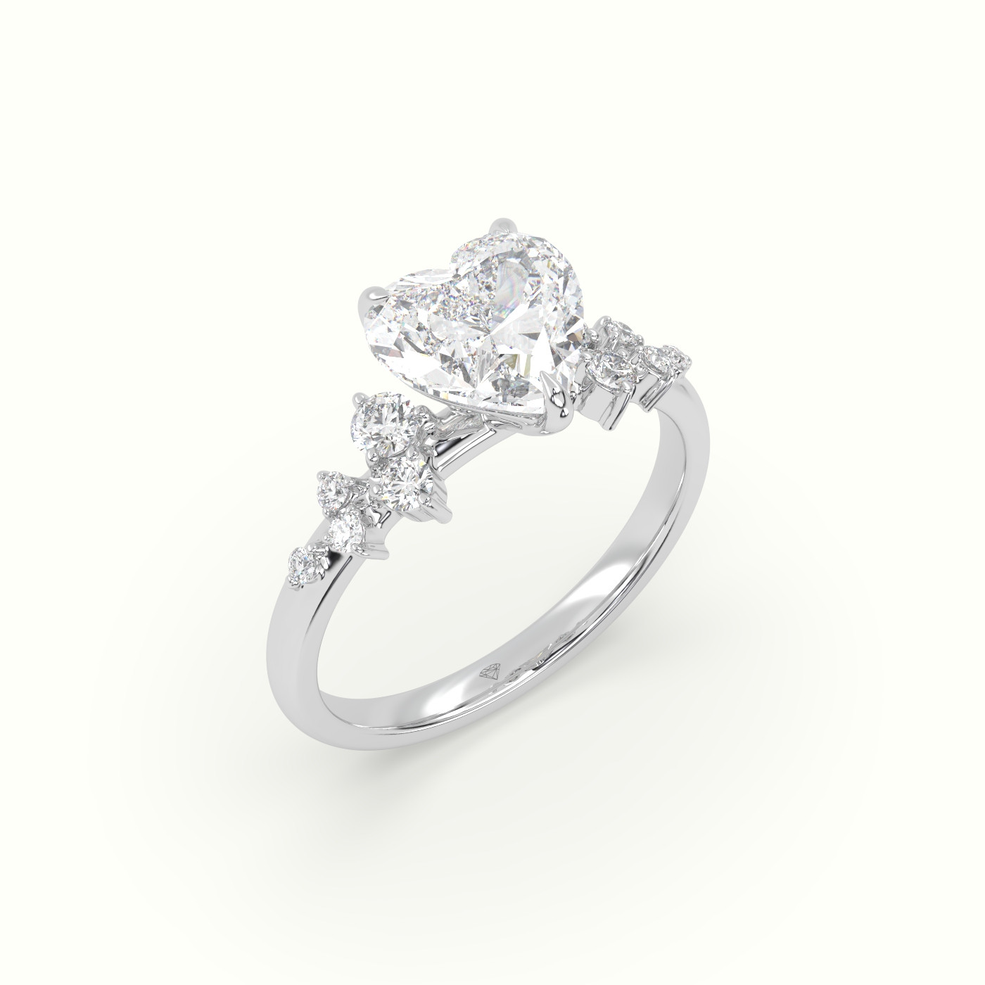 18K White Gold Heart Diamond Side Stone Engagement Ring