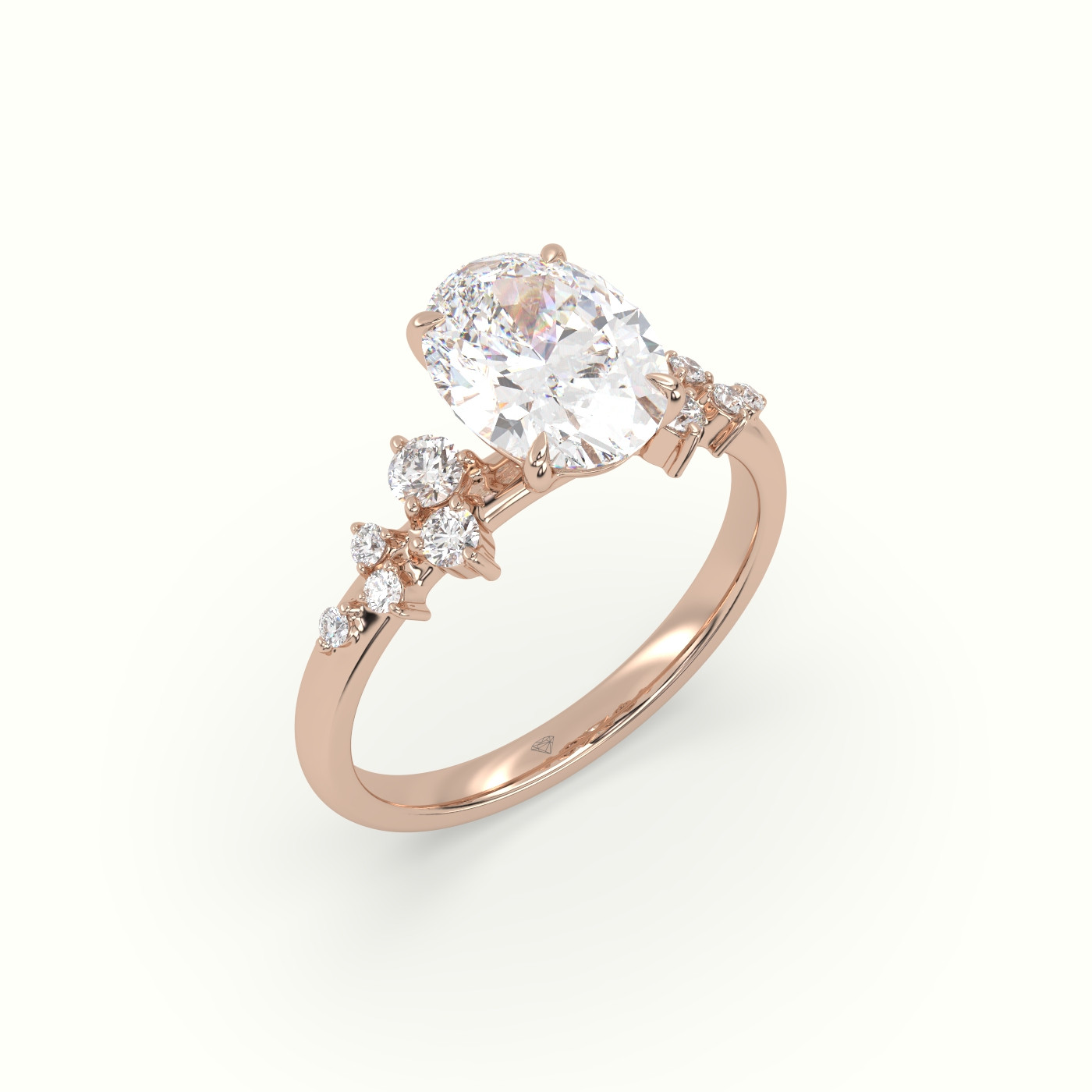 18K Rose Gold Oval Diamond Side Stone Engagement Ring