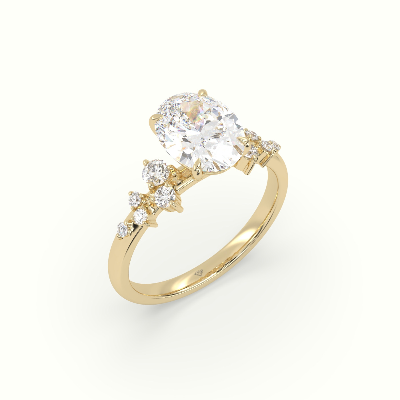 18K Yellow Gold Oval Diamond Side Stone Engagement Ring
