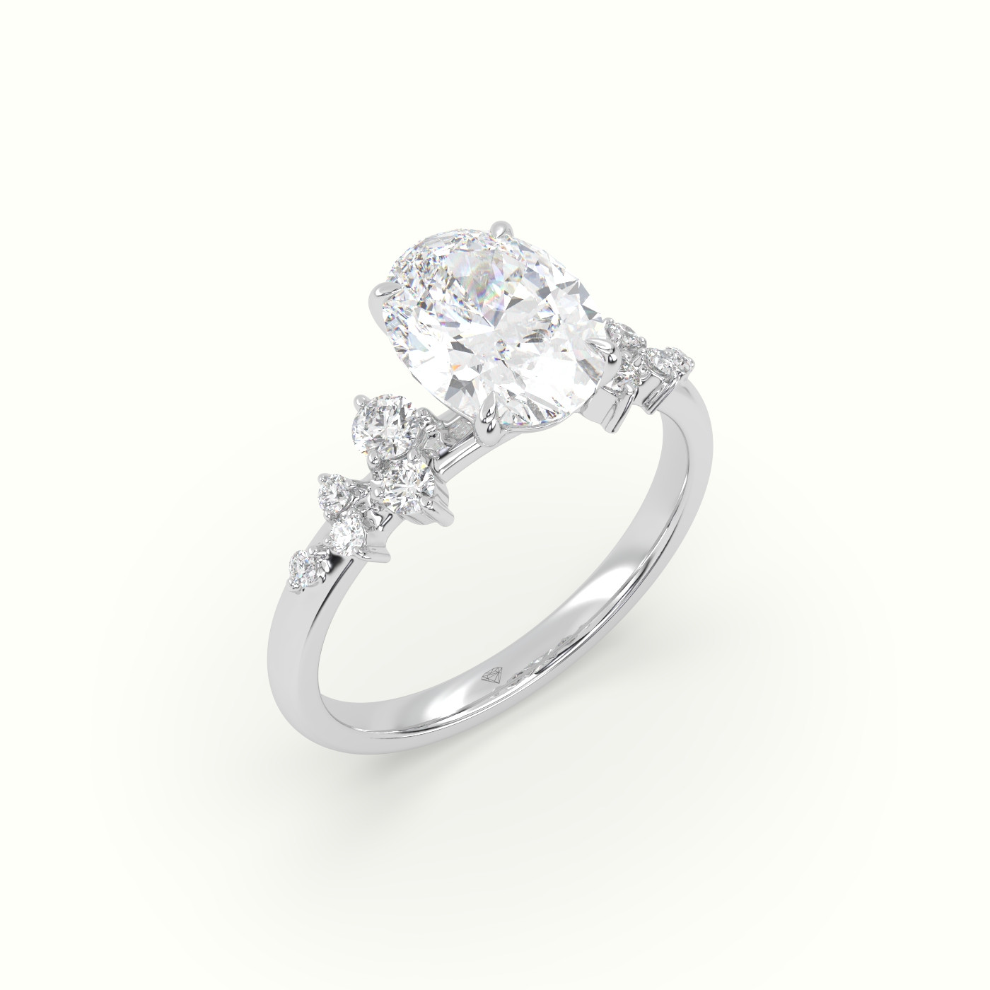 10K White Gold Oval Diamond Side Stone Engagement Ring