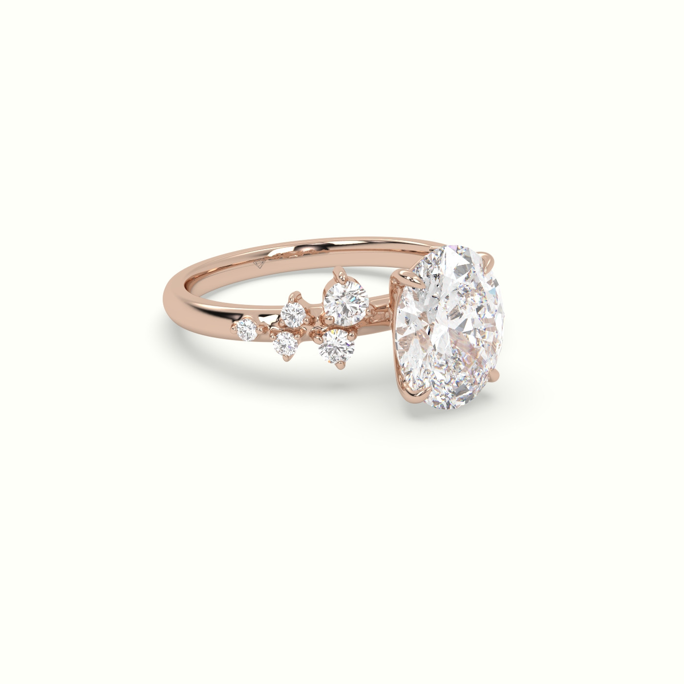 10K Rose Gold Oval Diamond Side Stone Engagement Ring