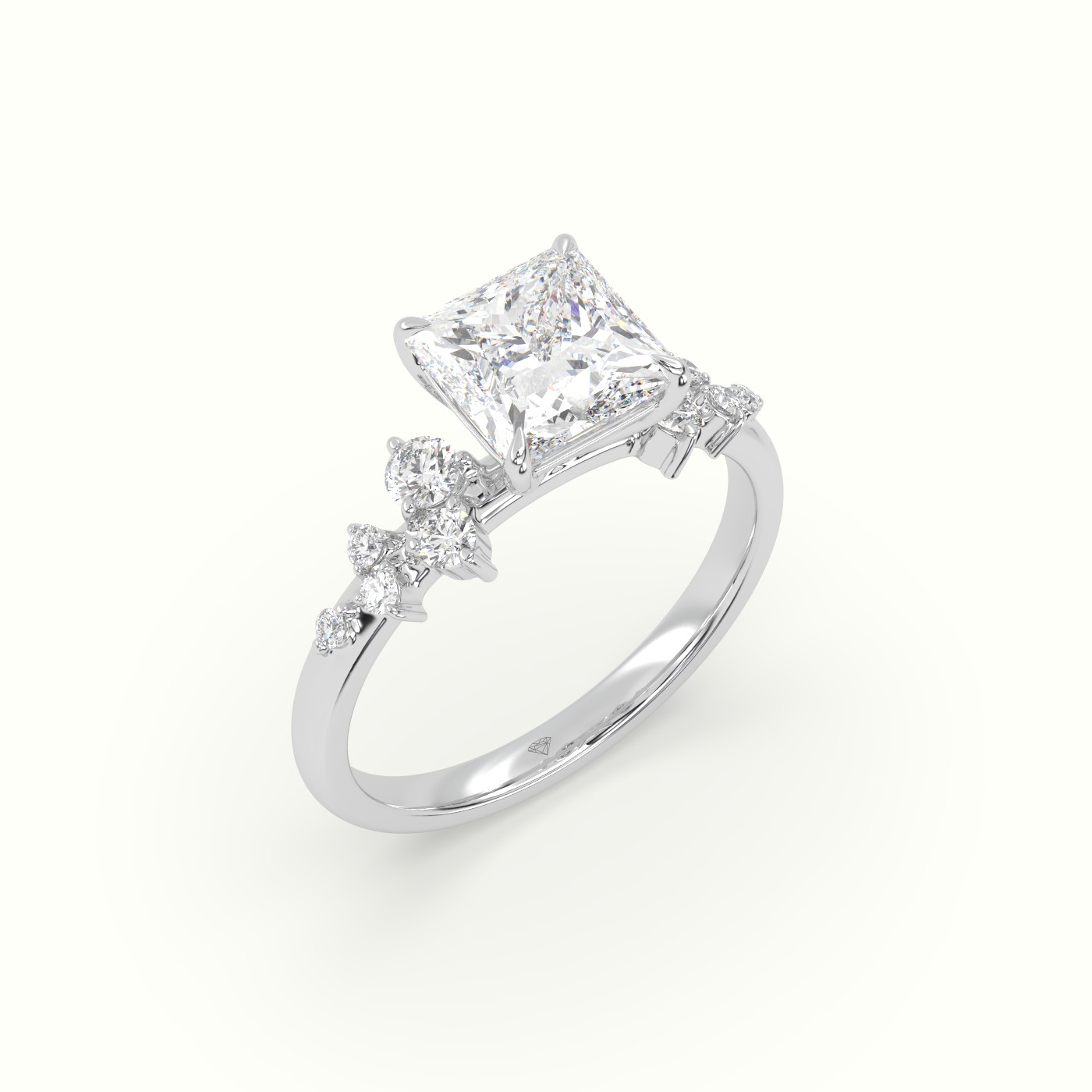 10K White Gold Princess Diamond Side Stone Engagement Ring