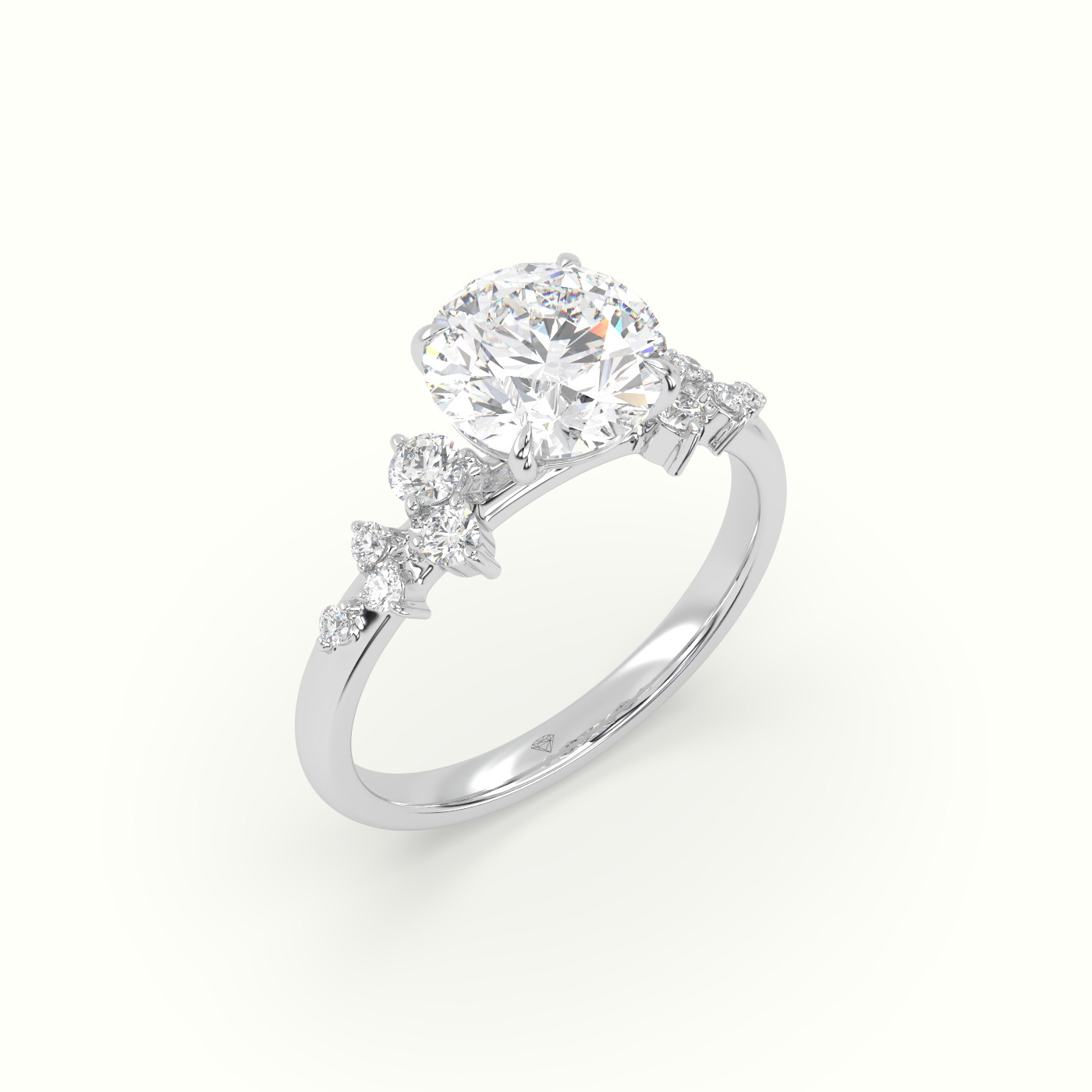 18K White Gold Round Diamond Side Stone Engagement Ring