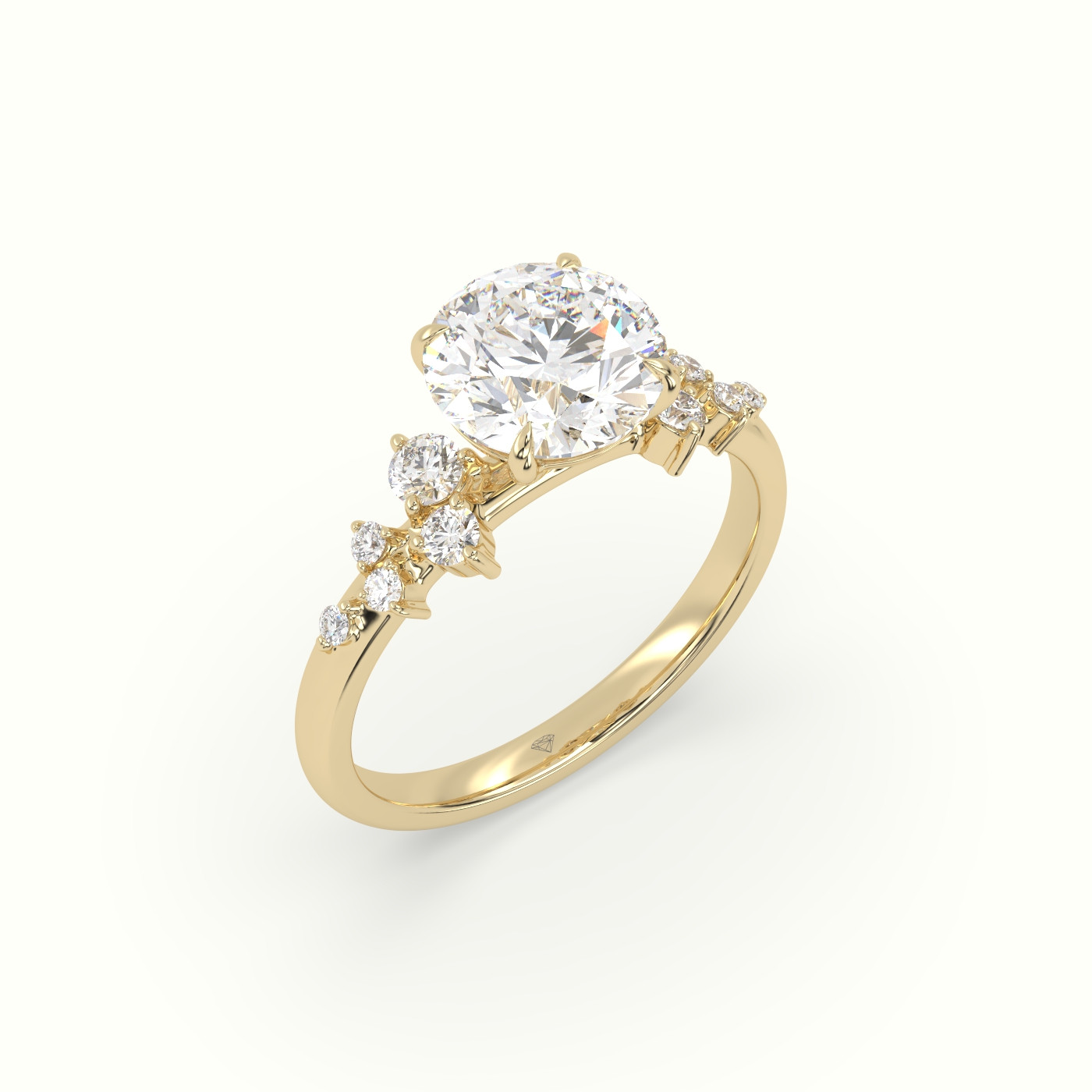 18K Yellow Gold Round Diamond Side Stone Engagement Ring