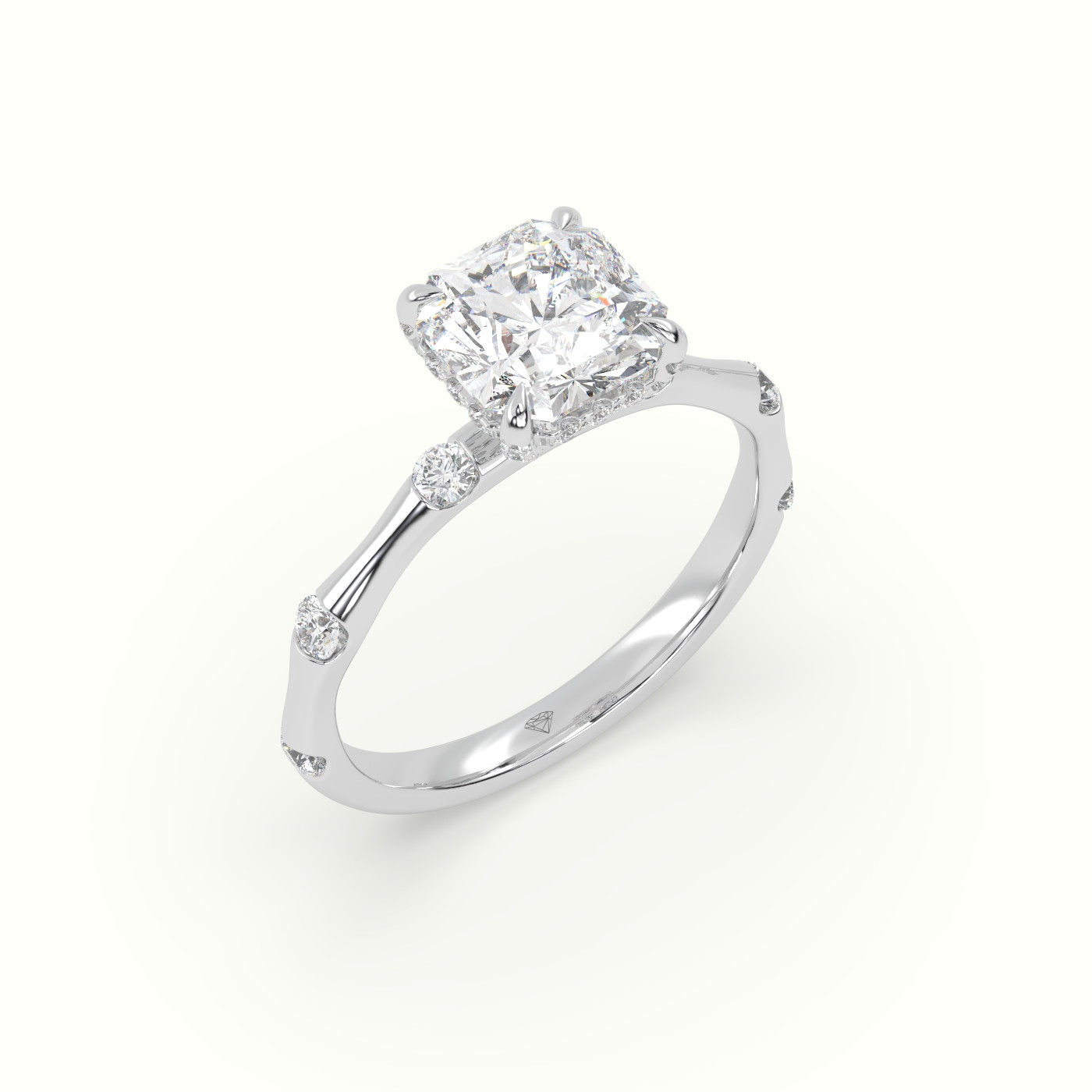 10K White Gold Asscher Diamond Side Stone Engagement Ring