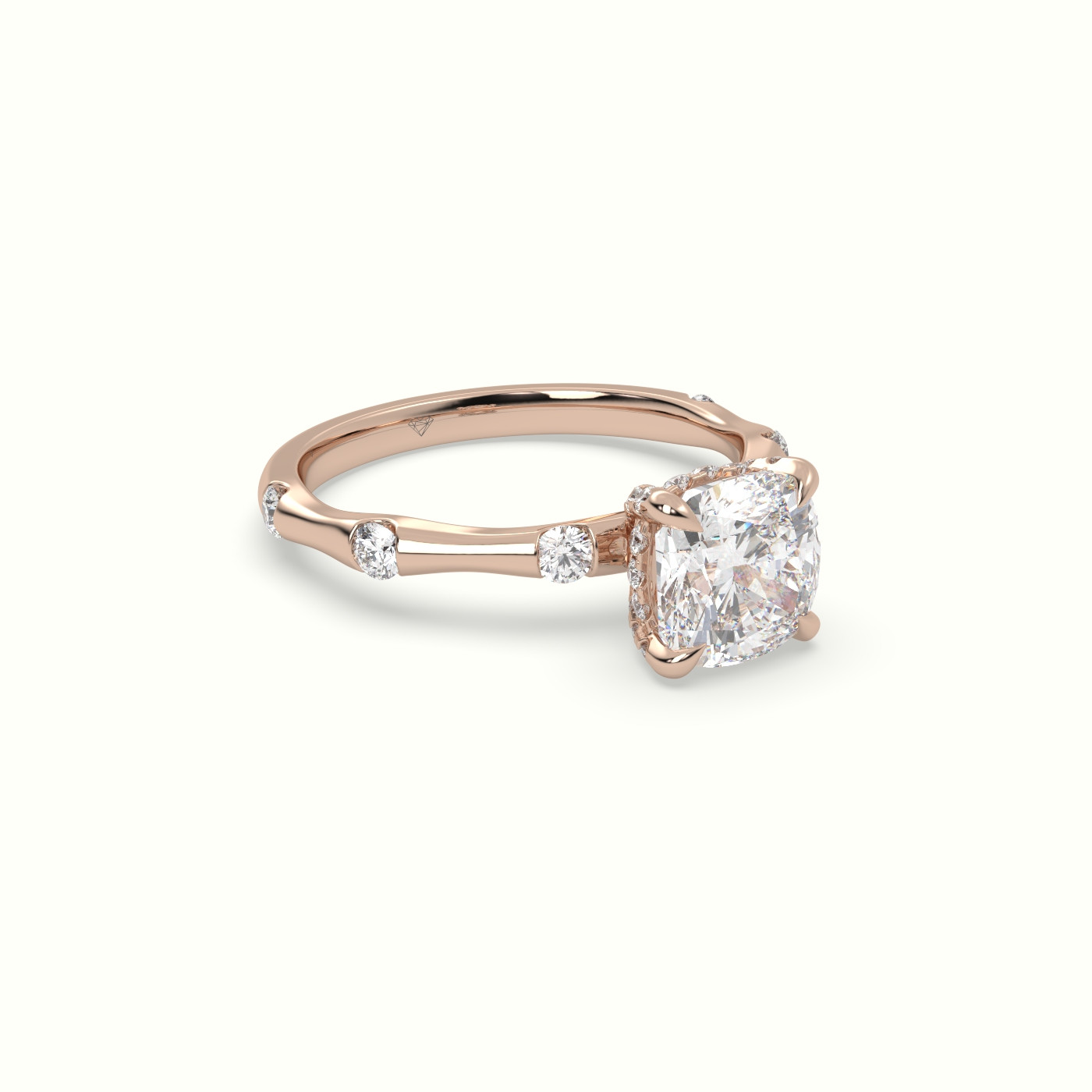 18K Rose Gold Cushion Diamond Side Stone Engagement Ring
