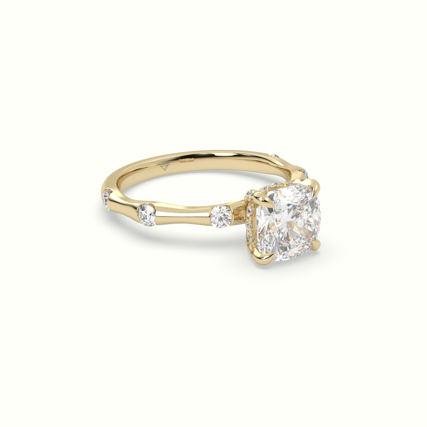 18K Yellow Gold Cushion Diamond Side Stone Engagement Ring