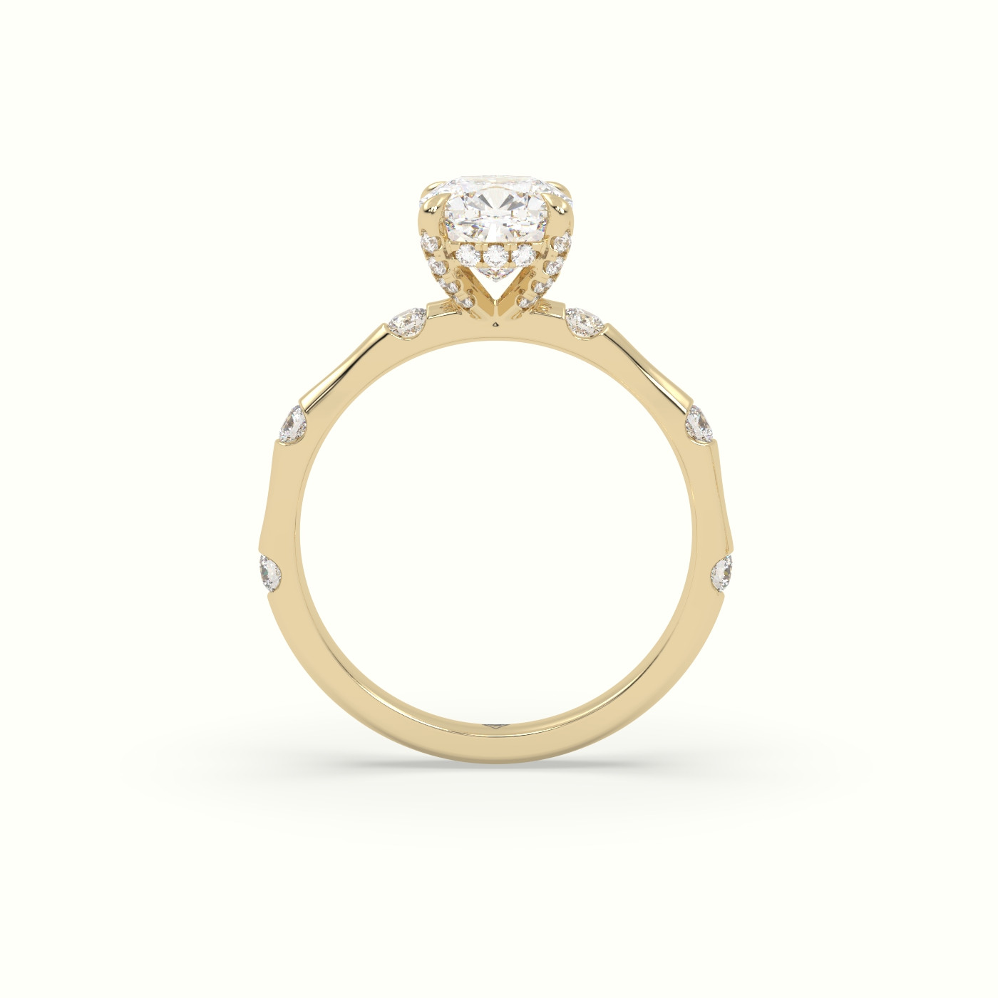 18K Yellow Gold Cushion Diamond Side Stone Engagement Ring