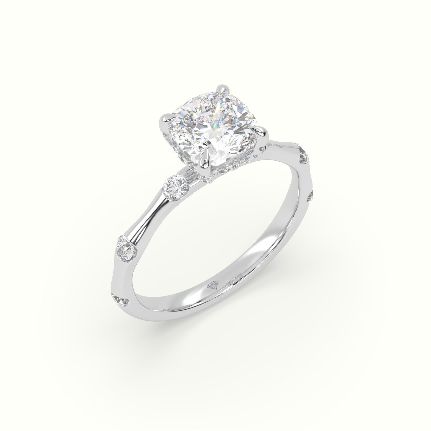 10K White Gold Cushion Diamond Side Stone Engagement Ring