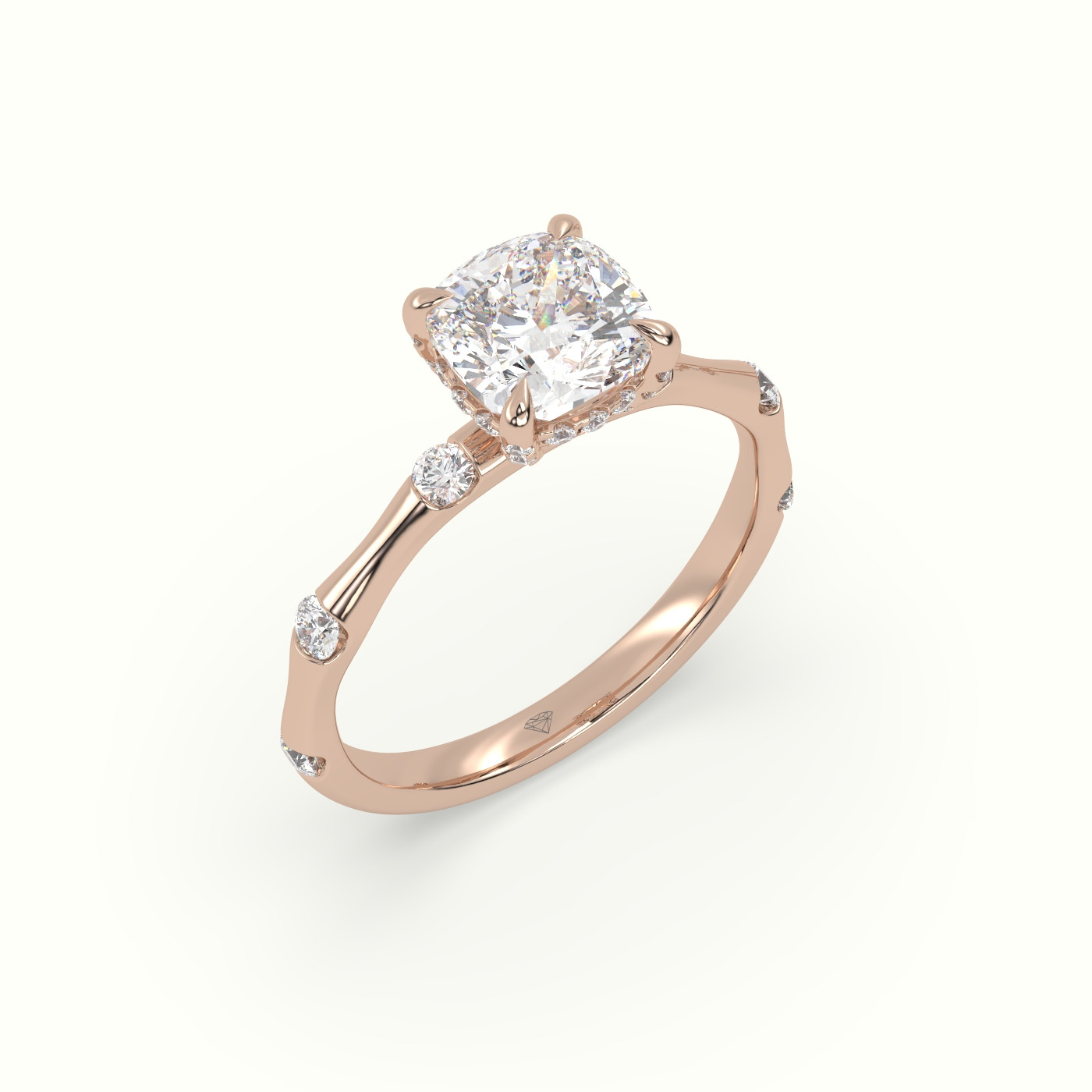 10K Rose Gold Cushion Diamond Side Stone Engagement Ring