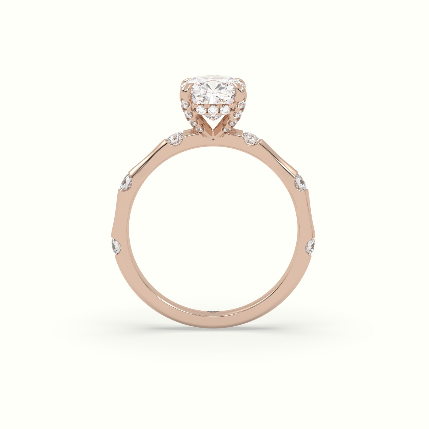 10K Rose Gold Cushion Diamond Side Stone Engagement Ring