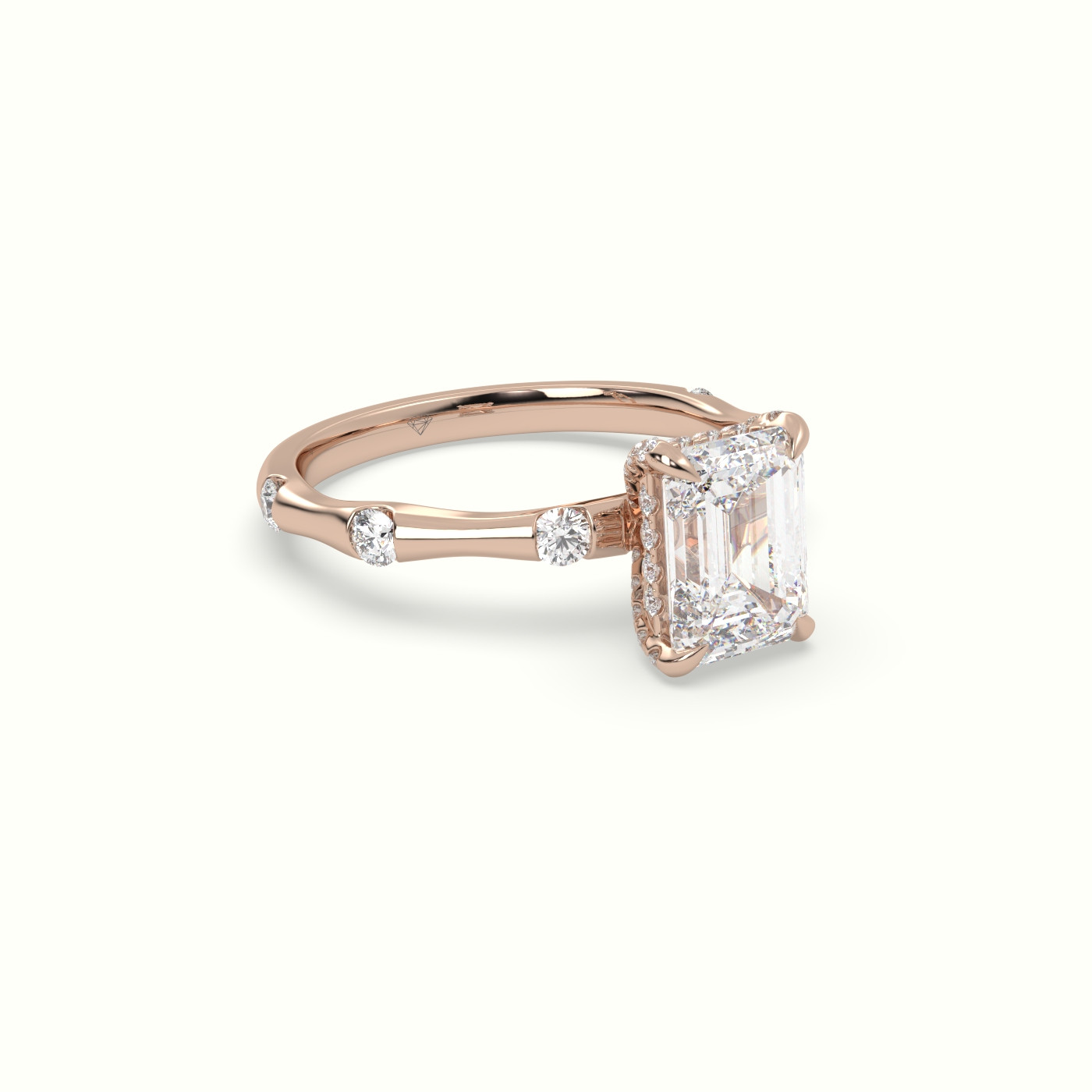 10K Rose Gold Emerald Diamond Side Stone Engagement Ring
