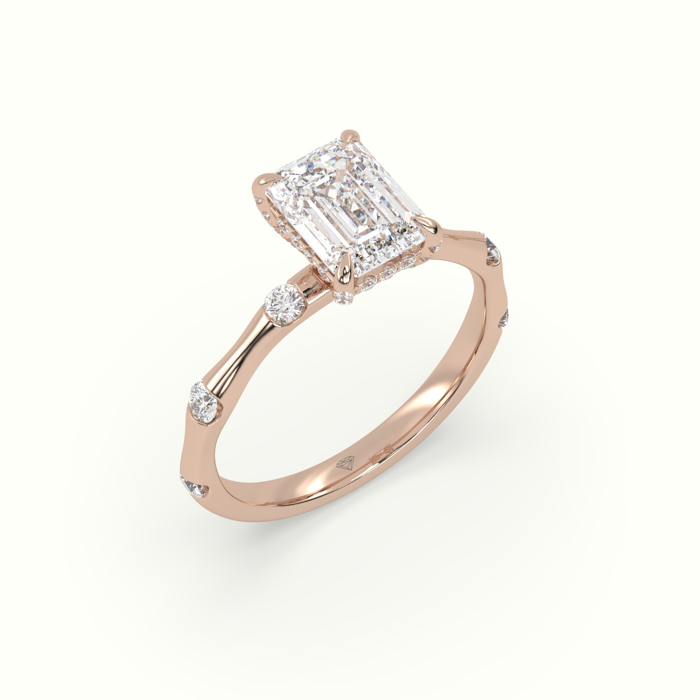 10K Rose Gold Emerald Diamond Side Stone Engagement Ring