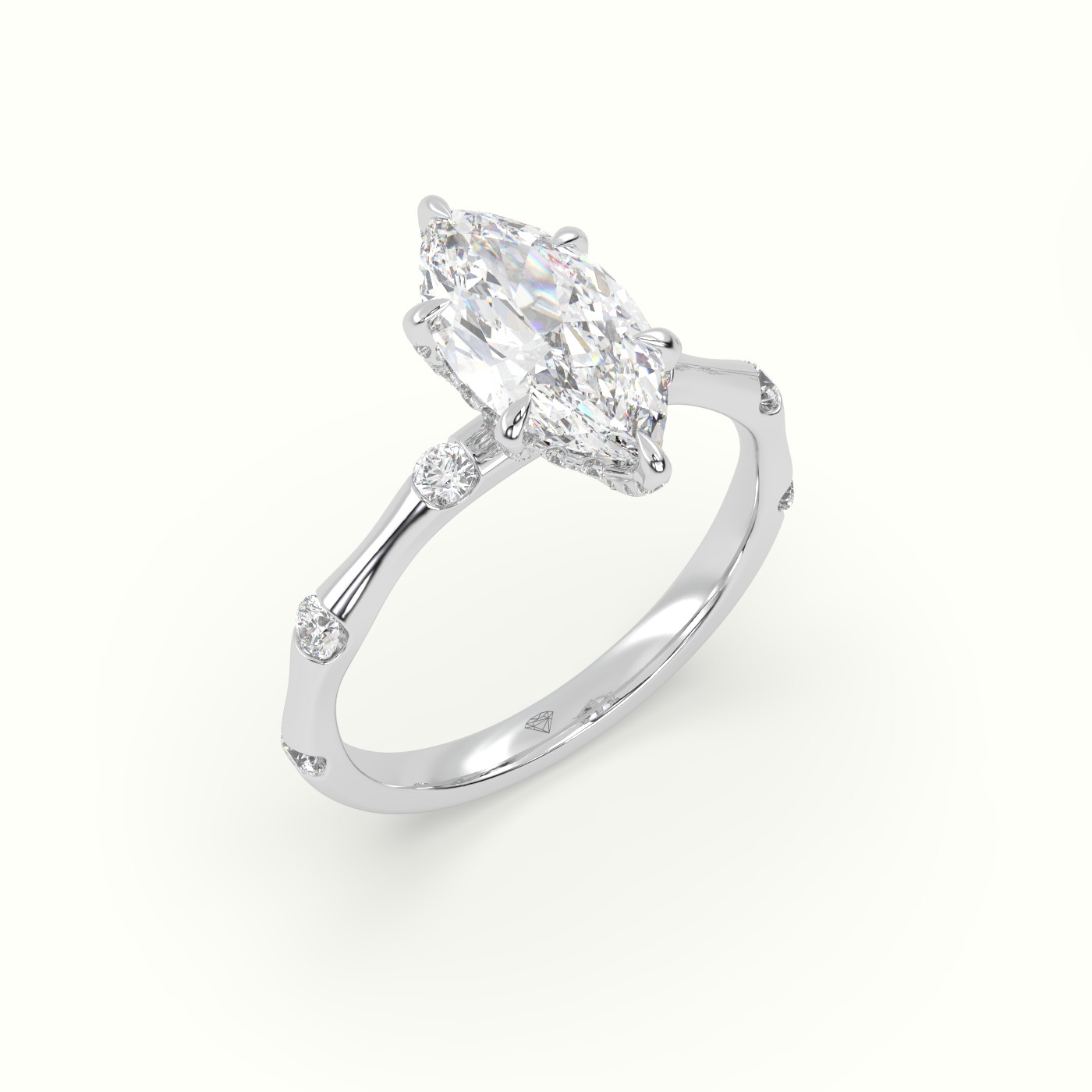 18K White Gold Marquise Diamond Side Stone Engagement Ring