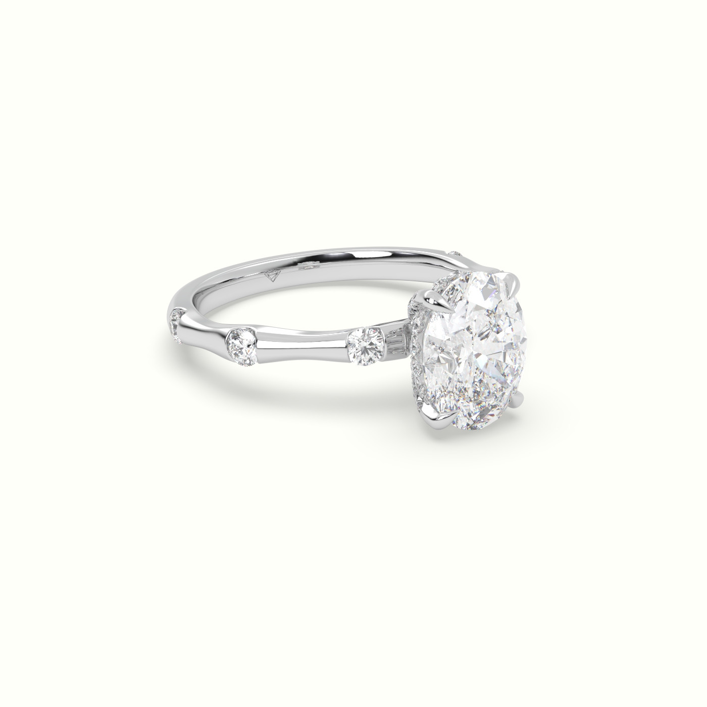 18K White Gold Oval Diamond Side Stone Engagement Ring