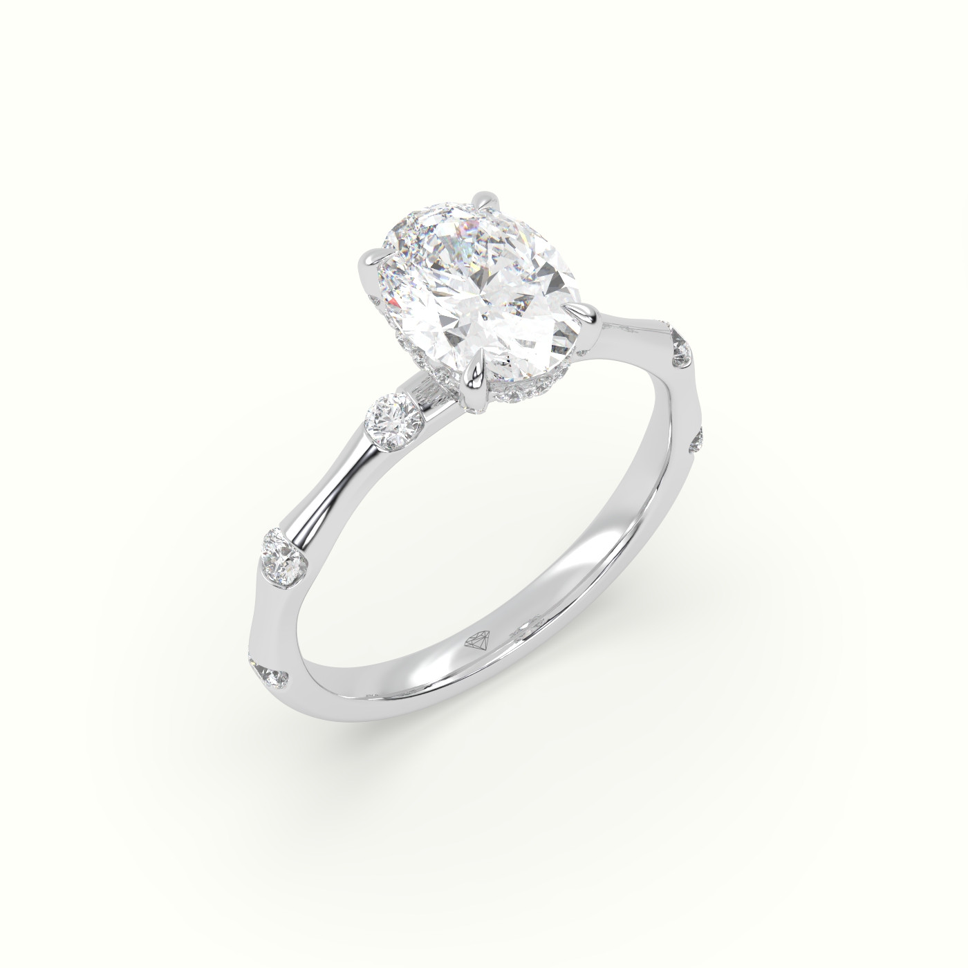 18K White Gold Oval Diamond Side Stone Engagement Ring