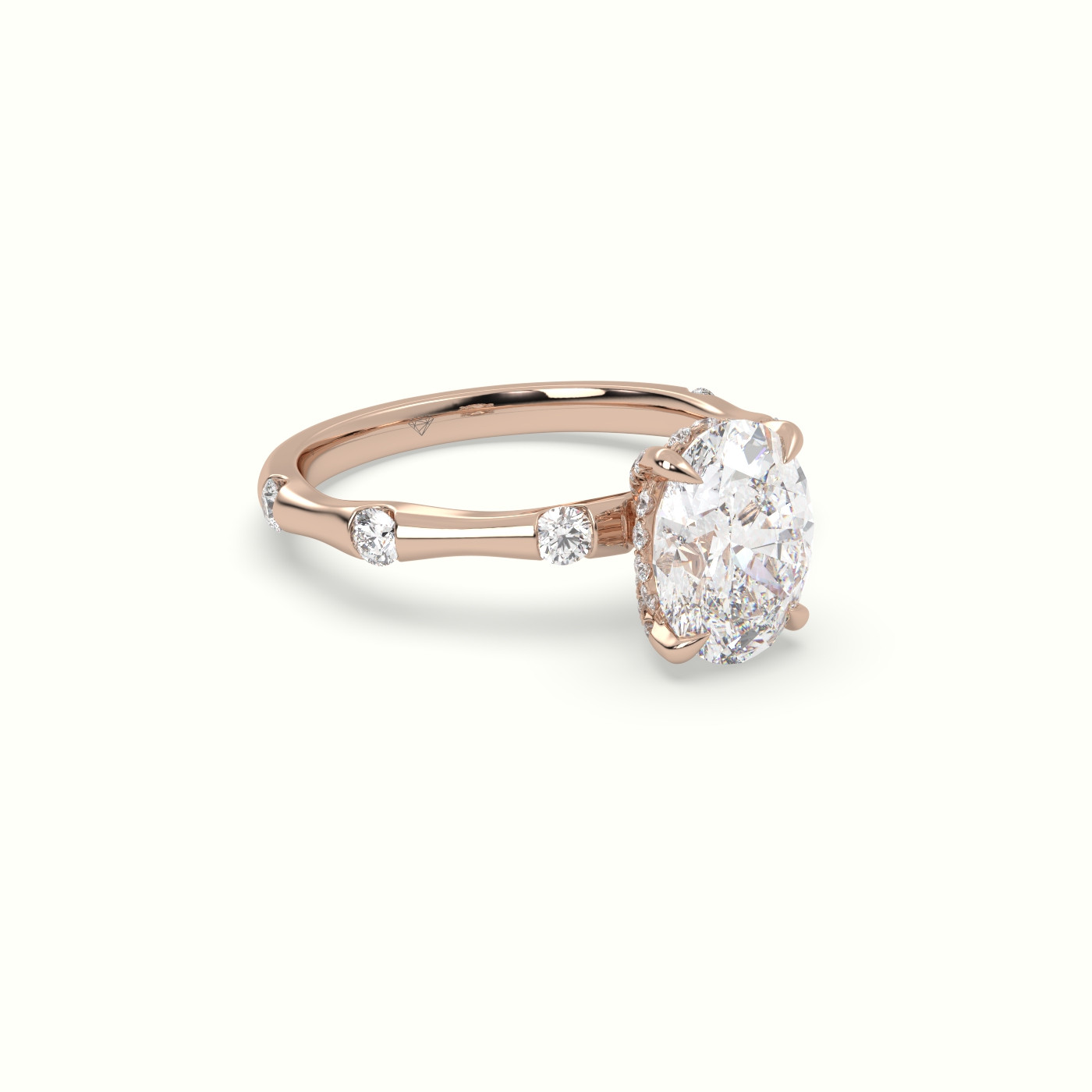 18K Rose Gold Oval Diamond Side Stone Engagement Ring