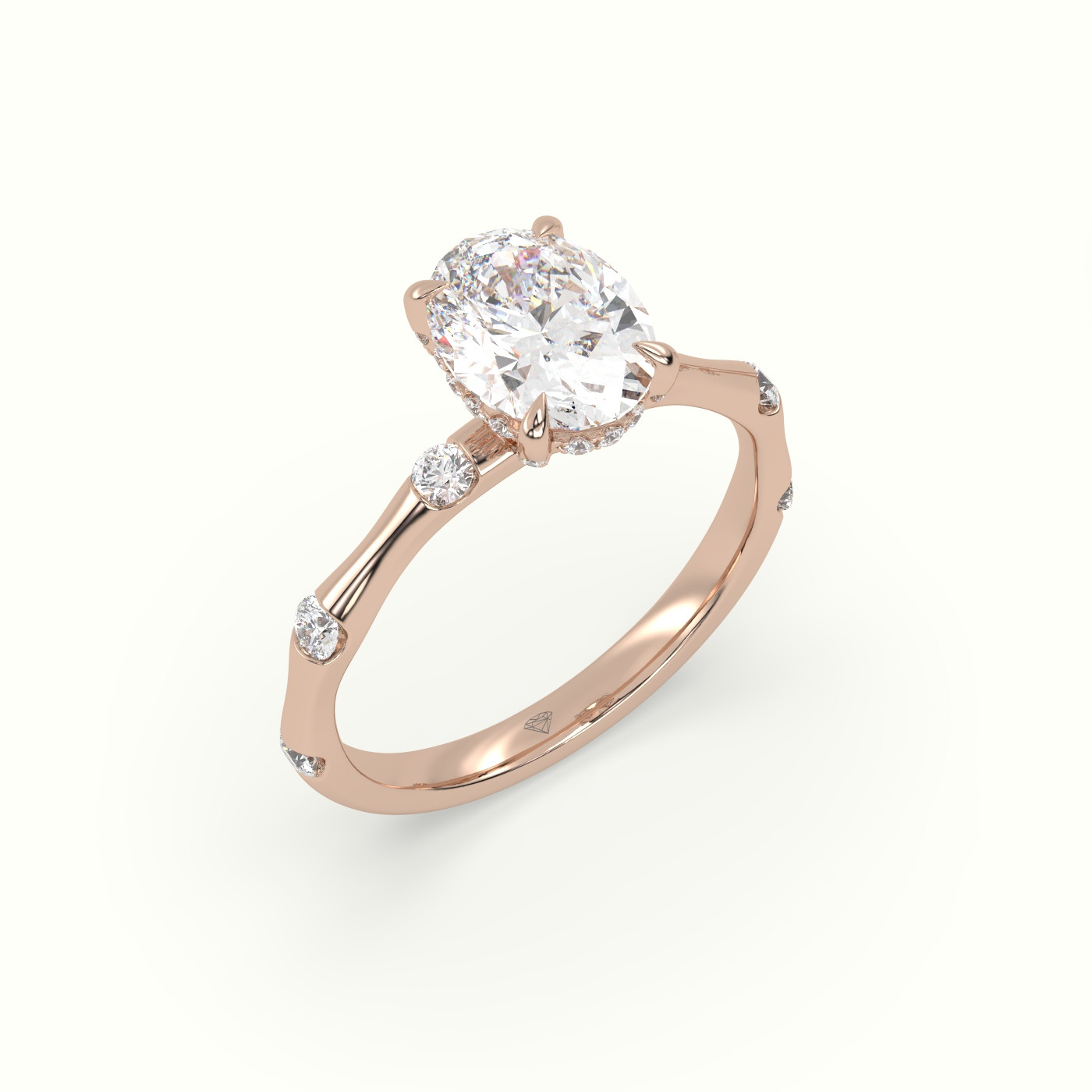 18K Rose Gold Oval Diamond Side Stone Engagement Ring