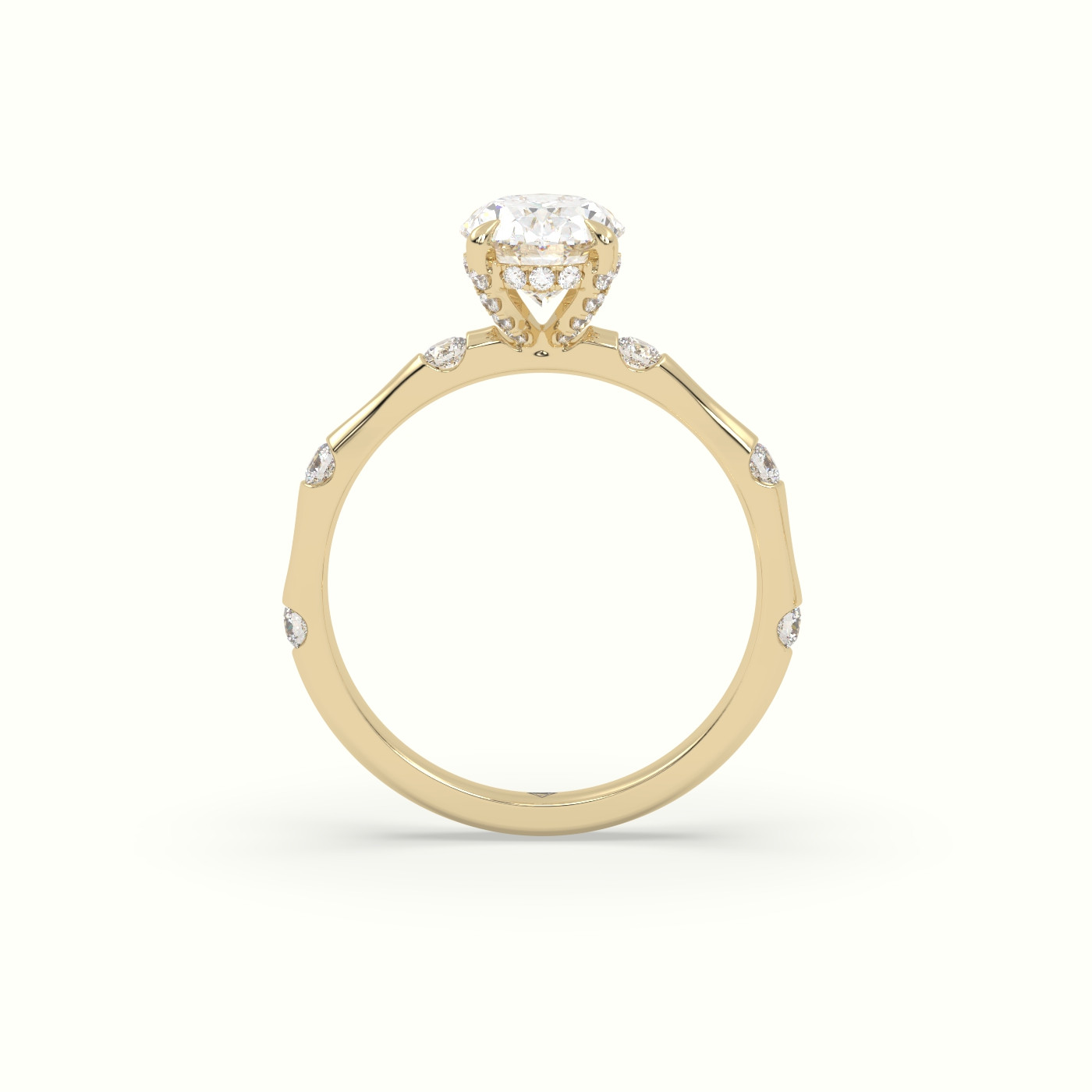 18K Yellow Gold Oval Diamond Side Stone Engagement Ring