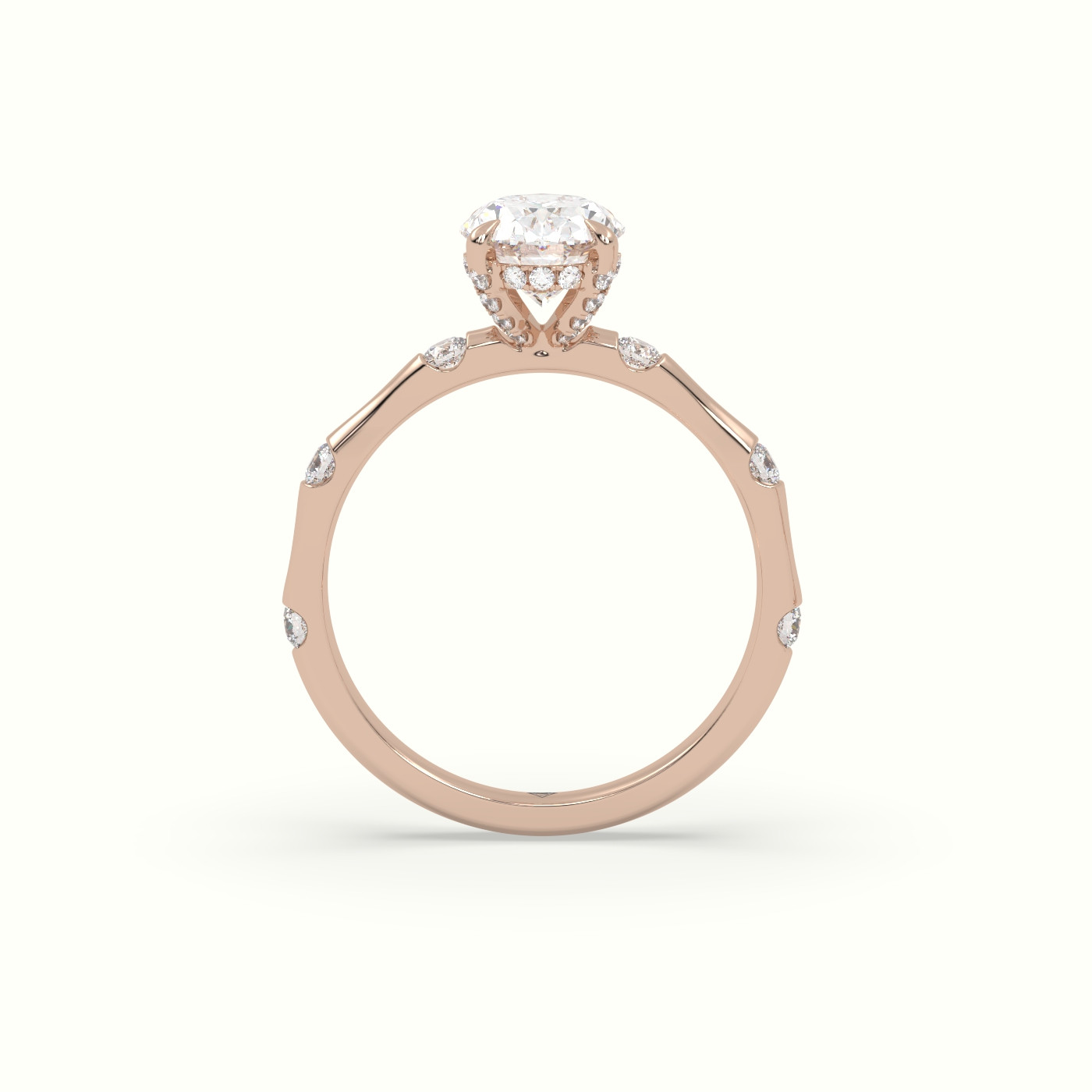 10K Rose Gold Oval Diamond Side Stone Engagement Ring